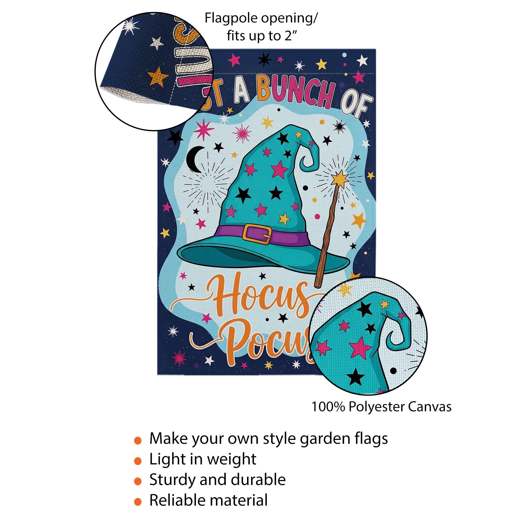 Hocus Pocus Garden Flag, 'Just a Bunch of Hocus Pocus' Yard Sign, Whimsical Witch Hat Decor, Outdoor Halloween Flag, Fall Porch Decoration