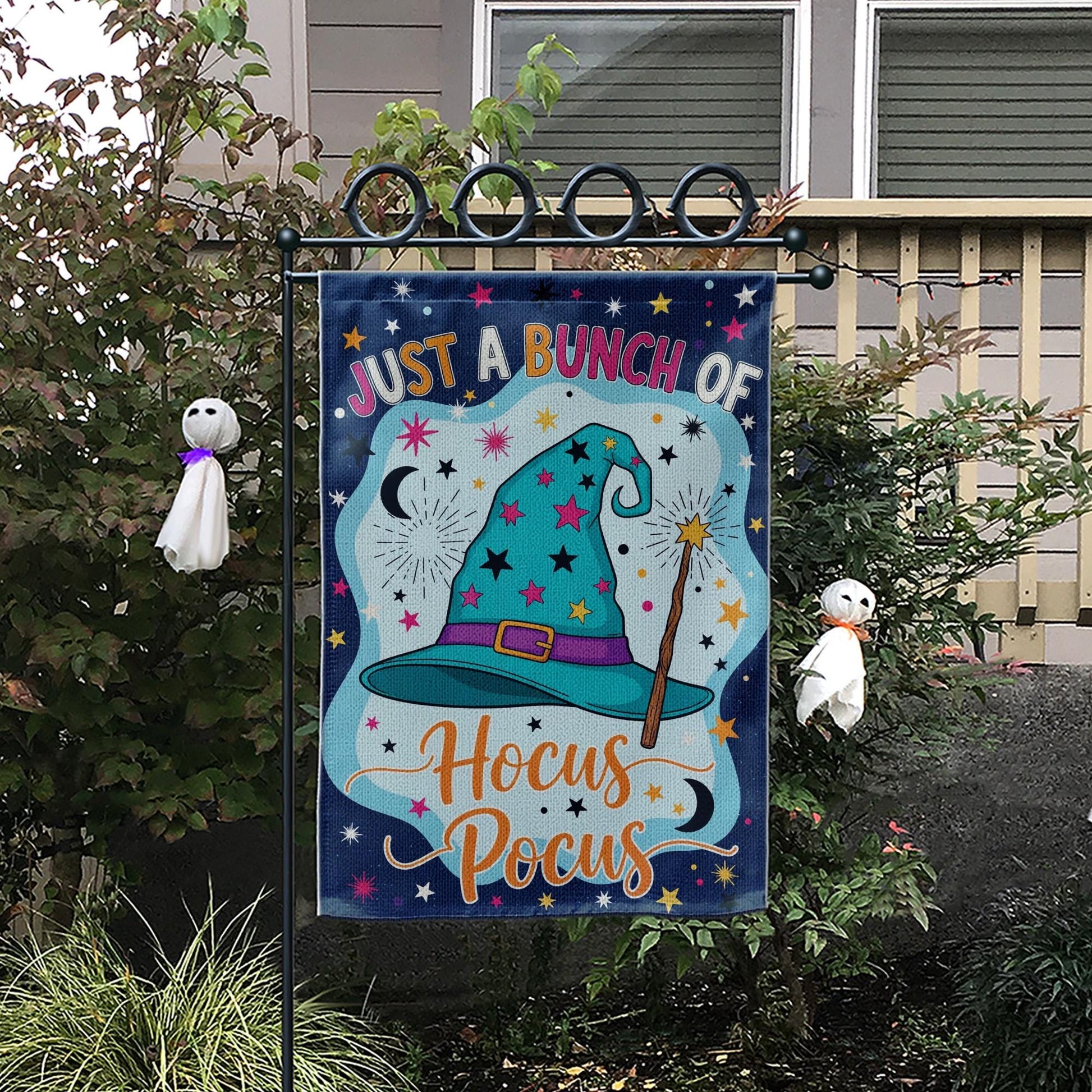 Hocus Pocus Garden Flag, 'Just a Bunch of Hocus Pocus' Yard Sign, Whimsical Witch Hat Decor, Outdoor Halloween Flag, Fall Porch Decoration