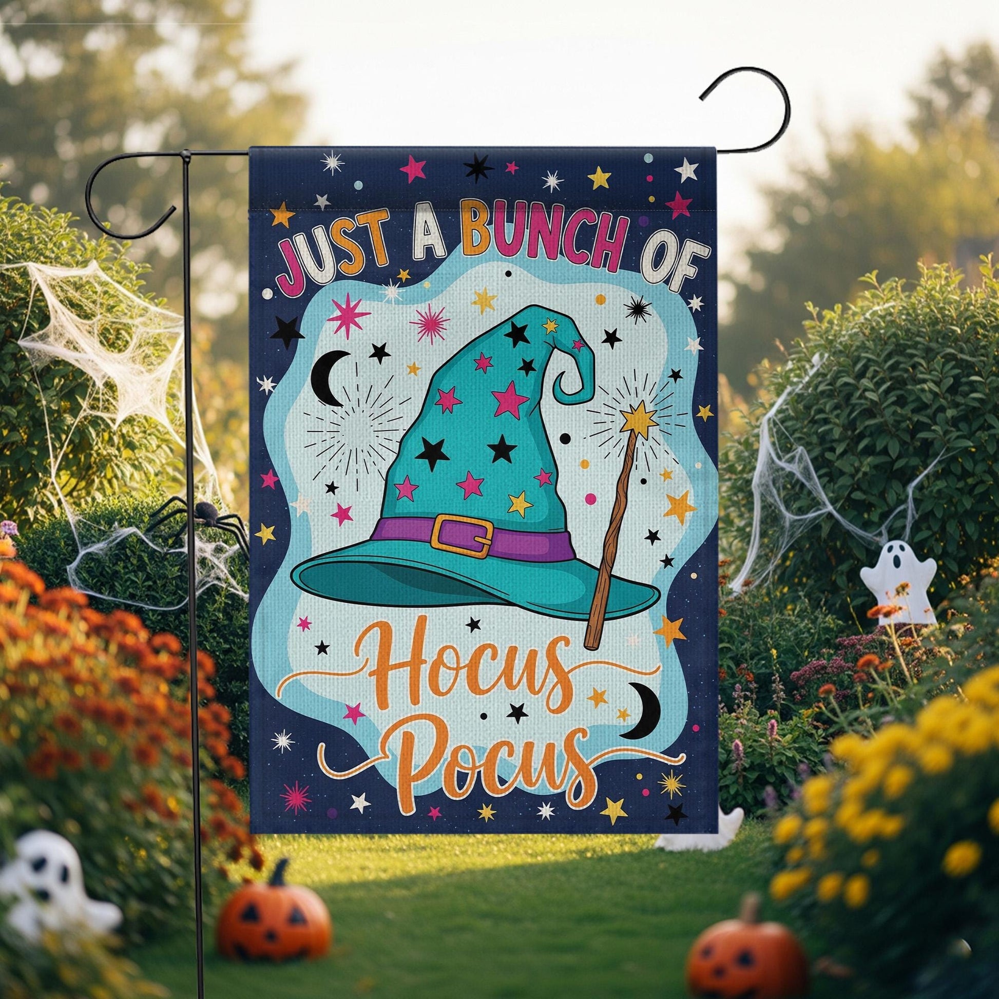 Hocus Pocus Garden Flag, 'Just a Bunch of Hocus Pocus' Yard Sign, Whimsical Witch Hat Decor, Outdoor Halloween Flag, Fall Porch Decoration