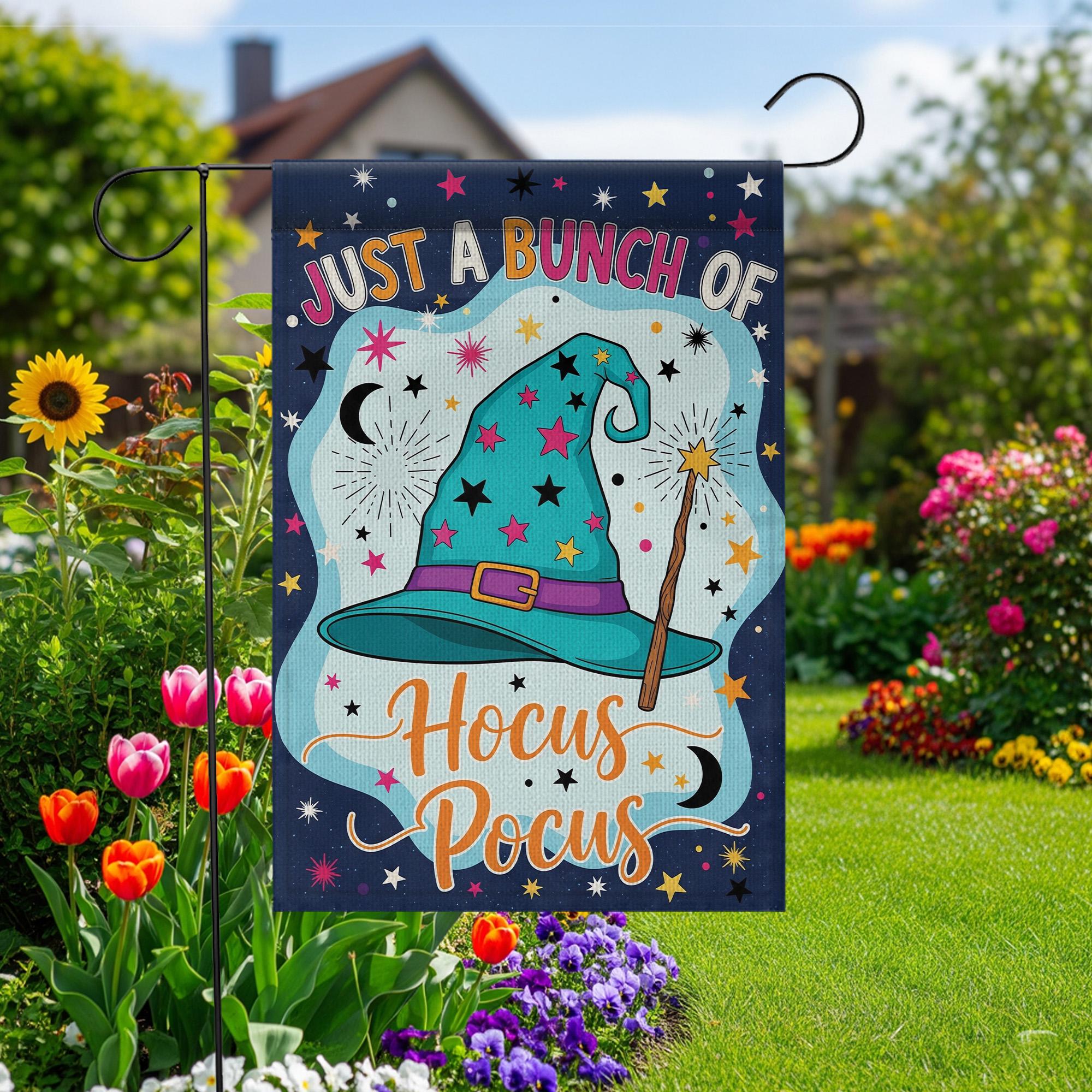 Hocus Pocus Garden Flag, 'Just a Bunch of Hocus Pocus' Yard Sign, Whimsical Witch Hat Decor, Outdoor Halloween Flag, Fall Porch Decoration