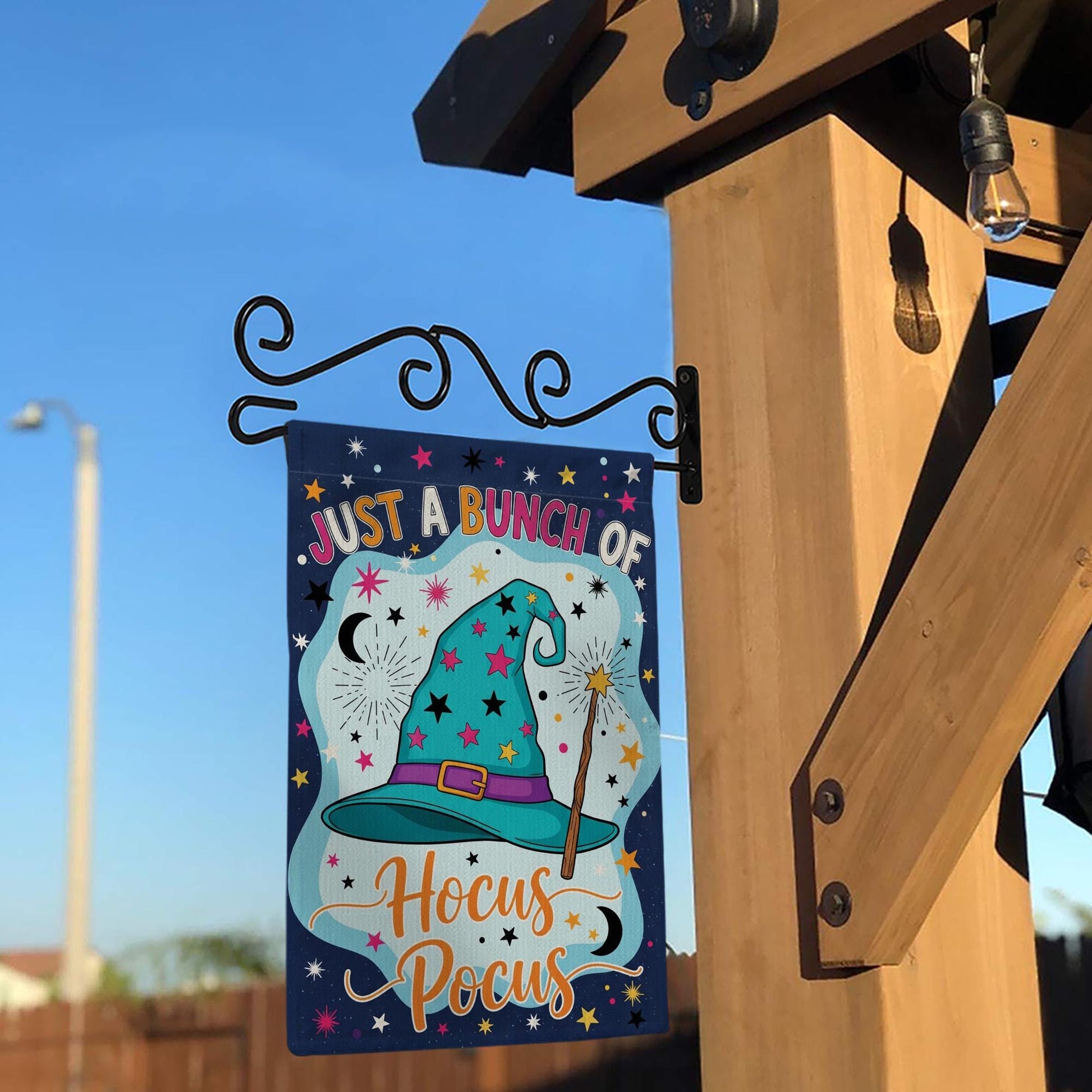 Hocus Pocus Garden Flag, 'Just a Bunch of Hocus Pocus' Yard Sign, Whimsical Witch Hat Decor, Outdoor Halloween Flag, Fall Porch Decoration
