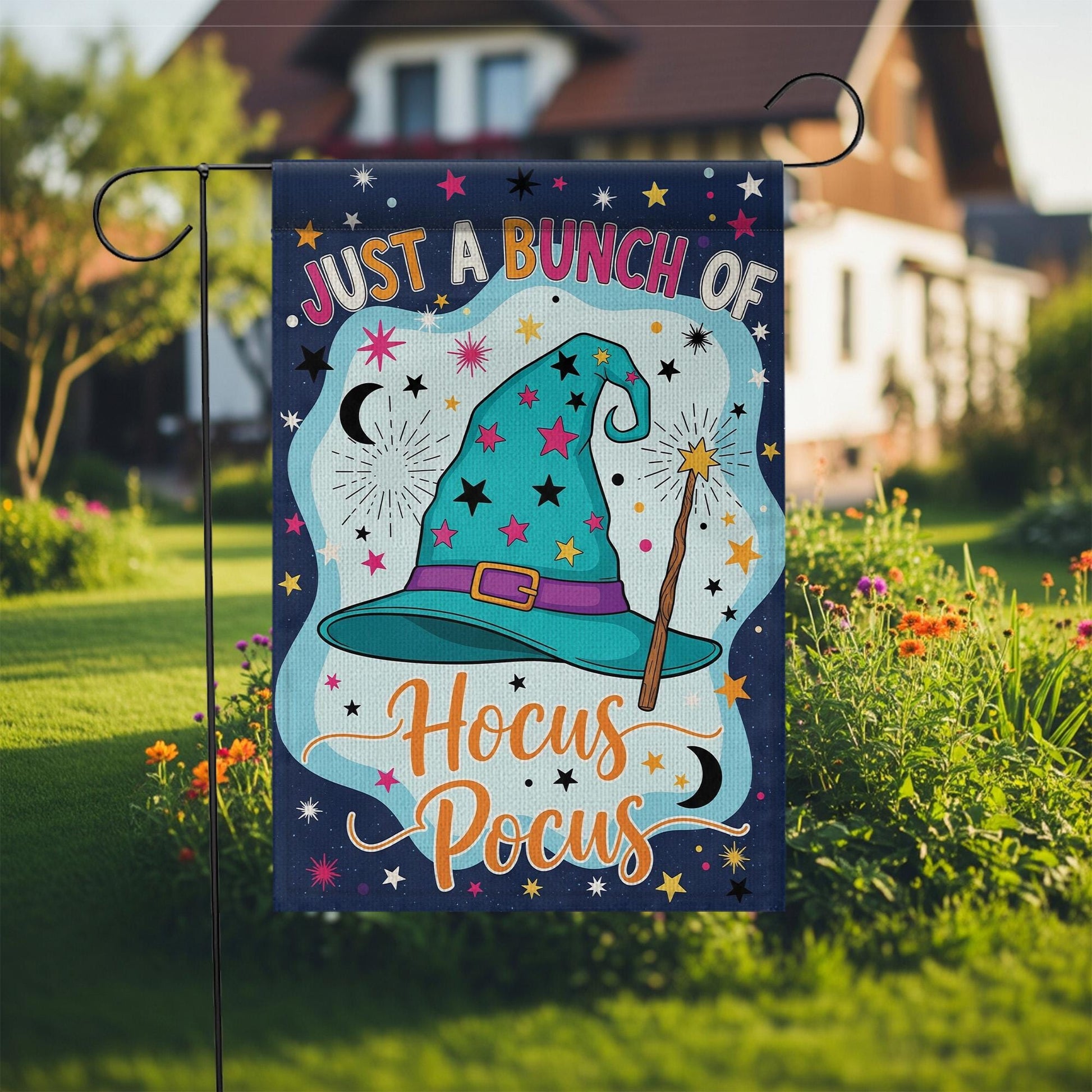 Hocus Pocus Garden Flag, 'Just a Bunch of Hocus Pocus' Yard Sign, Whimsical Witch Hat Decor, Outdoor Halloween Flag, Fall Porch Decoration