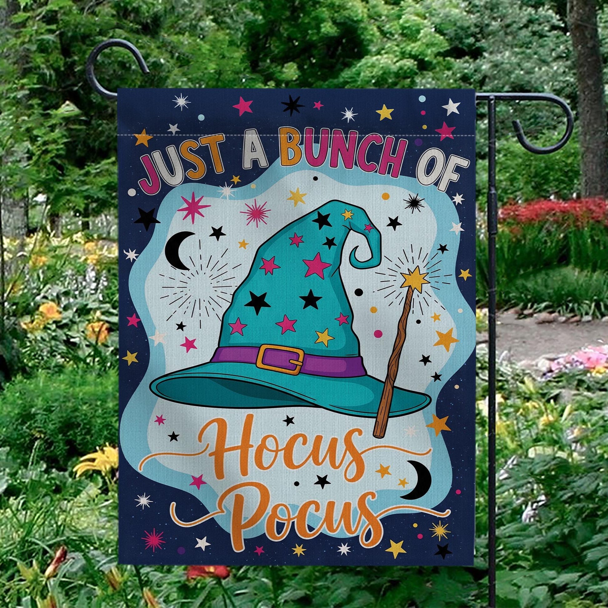Hocus Pocus Garden Flag, 'Just a Bunch of Hocus Pocus' Yard Sign, Whimsical Witch Hat Decor, Outdoor Halloween Flag, Fall Porch Decoration