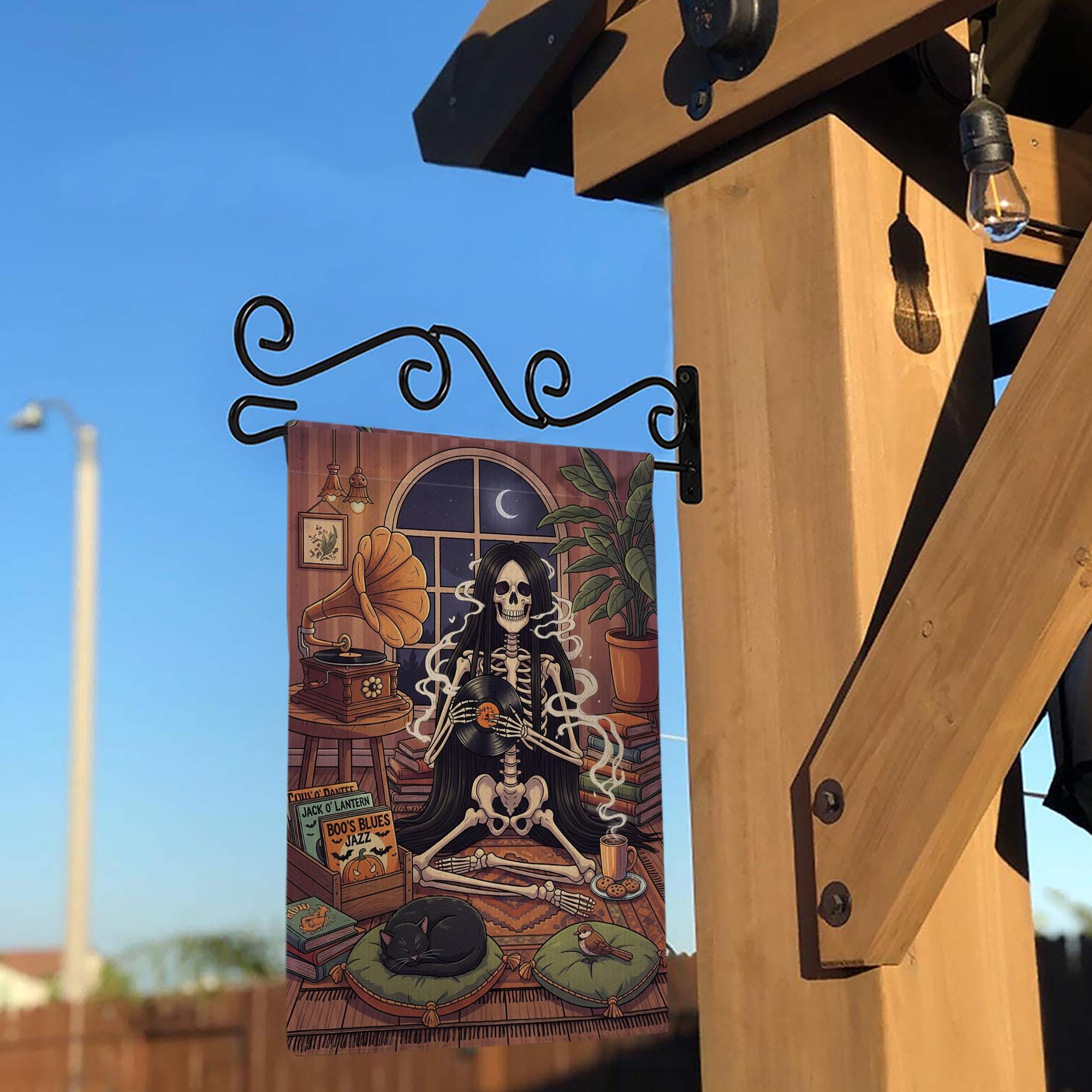 Skeleton Music Lover Halloween Garden Flag, Gothic Outdoor Yard Decor, Cozy Spooky Vintage Decoration with Black Cat