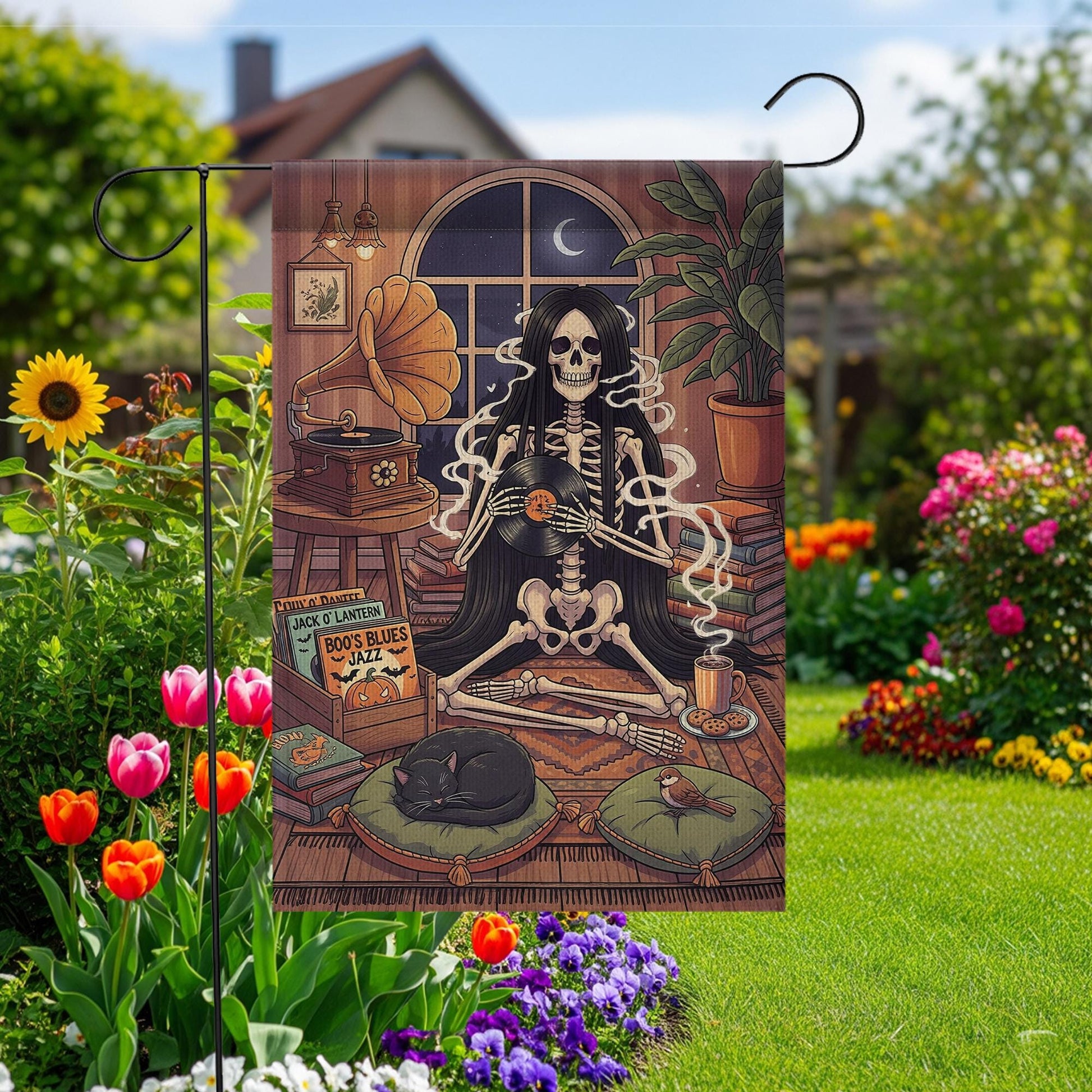 Skeleton Music Lover Halloween Garden Flag, Gothic Outdoor Yard Decor, Cozy Spooky Vintage Decoration with Black Cat