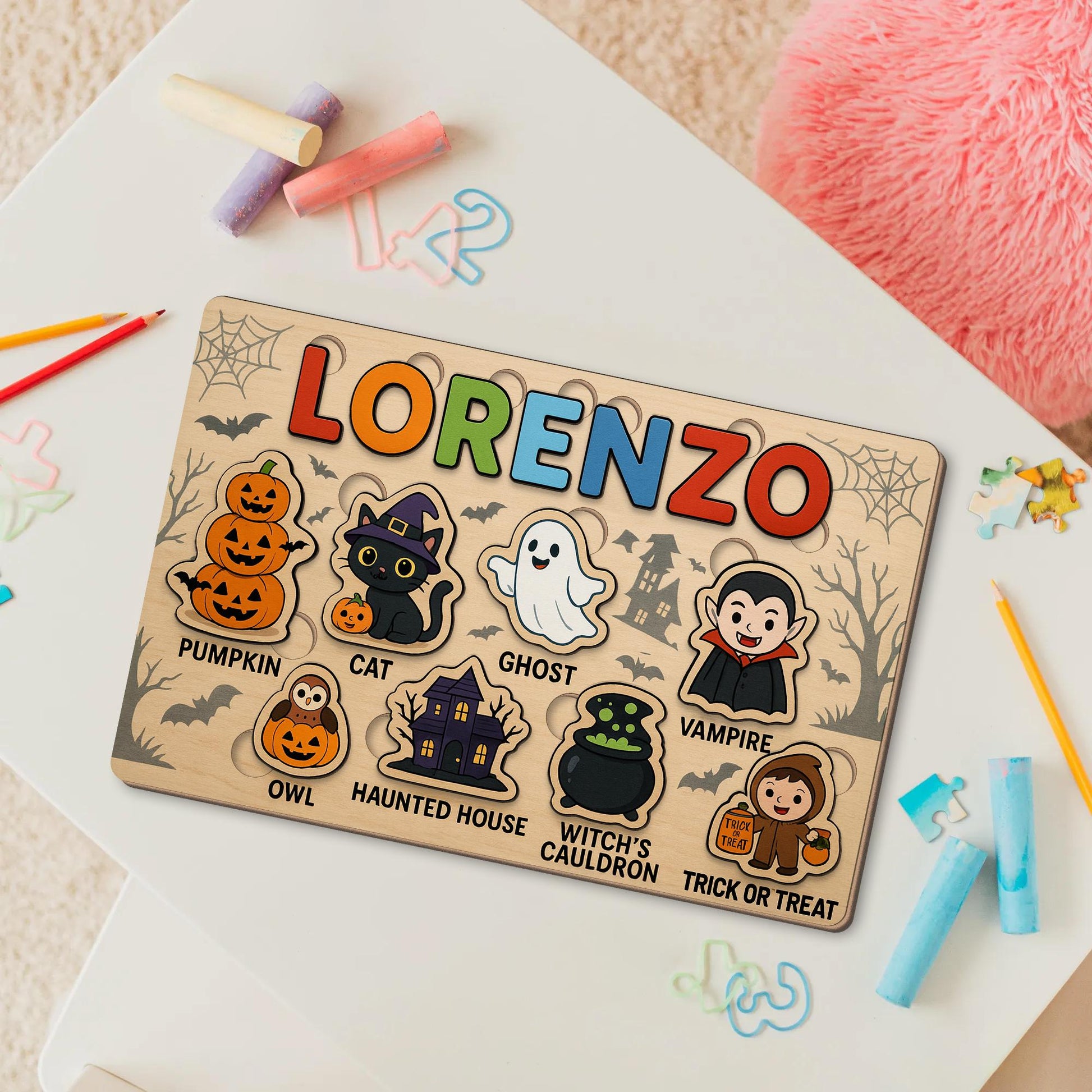 Personalized Halloween Wooden Puzzle for Kids, Custom Name Montessori Toy, Toddler Learning Gift, Educational Spooky Play