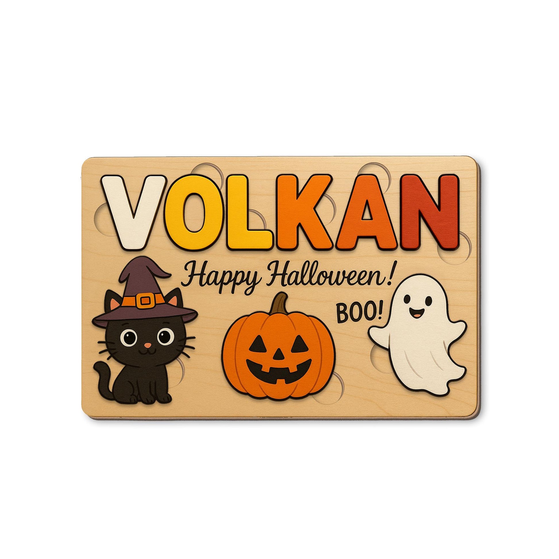 Personalized Halloween Wooden Puzzle for Kids, Custom Name Toddler Toy, Montessori Learning Gift, Pumpkin Cat Ghost Puzzle