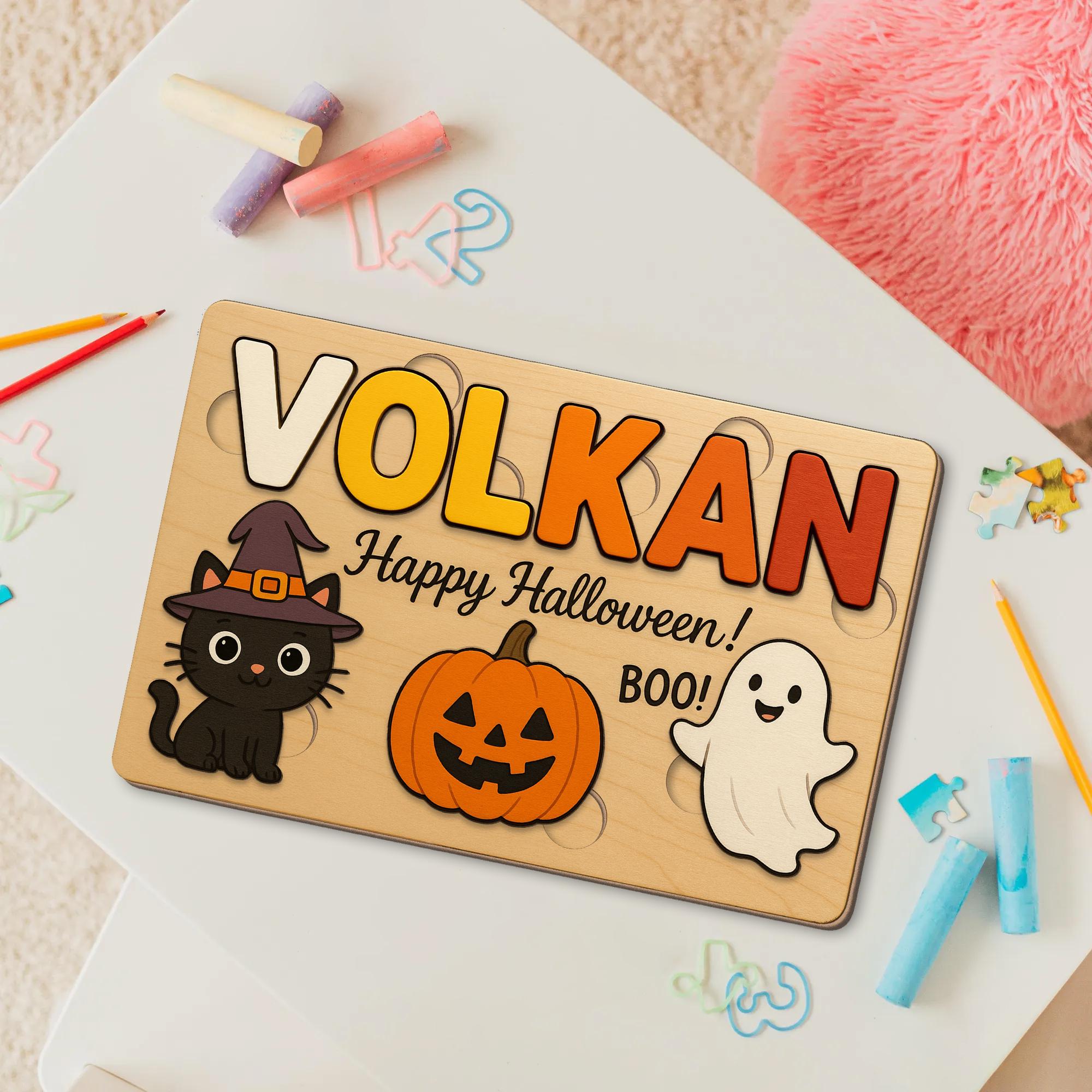 Personalized Halloween Wooden Puzzle for Kids, Custom Name Toddler Toy, Montessori Learning Gift, Pumpkin Cat Ghost Puzzle