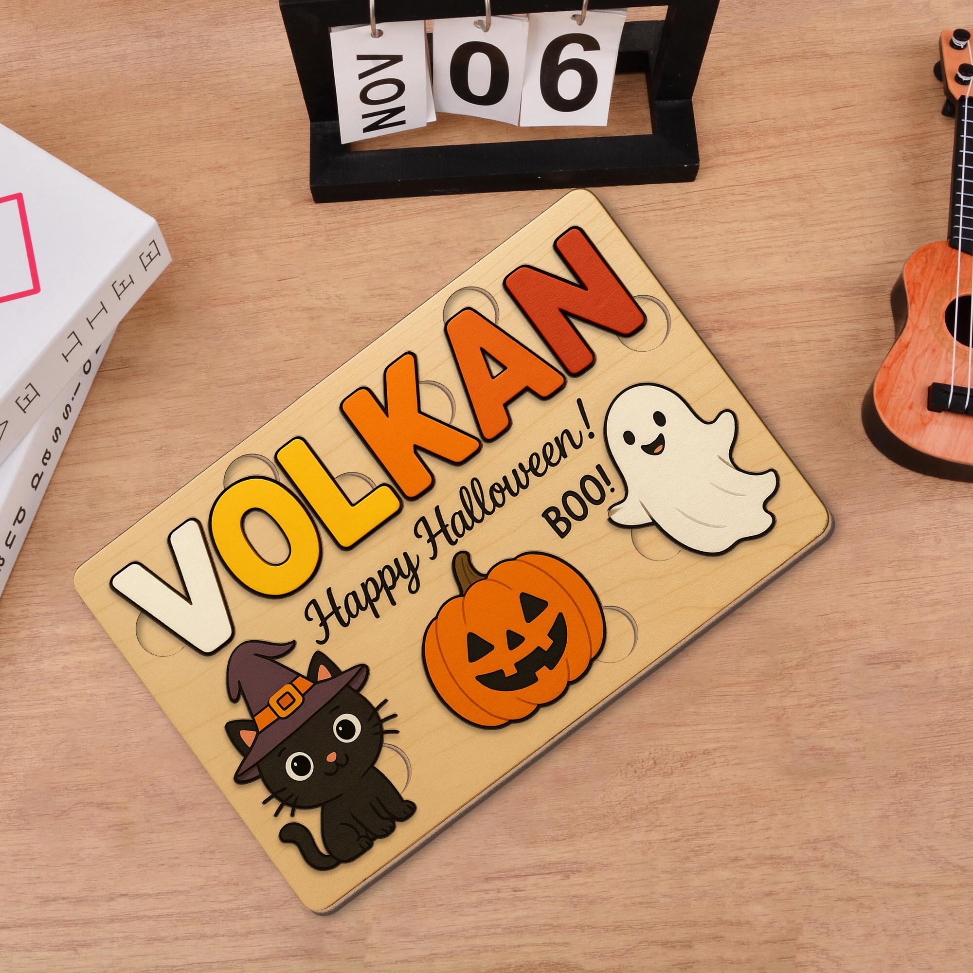 Personalized Halloween Wooden Puzzle for Kids, Custom Name Toddler Toy, Montessori Learning Gift, Pumpkin Cat Ghost Puzzle