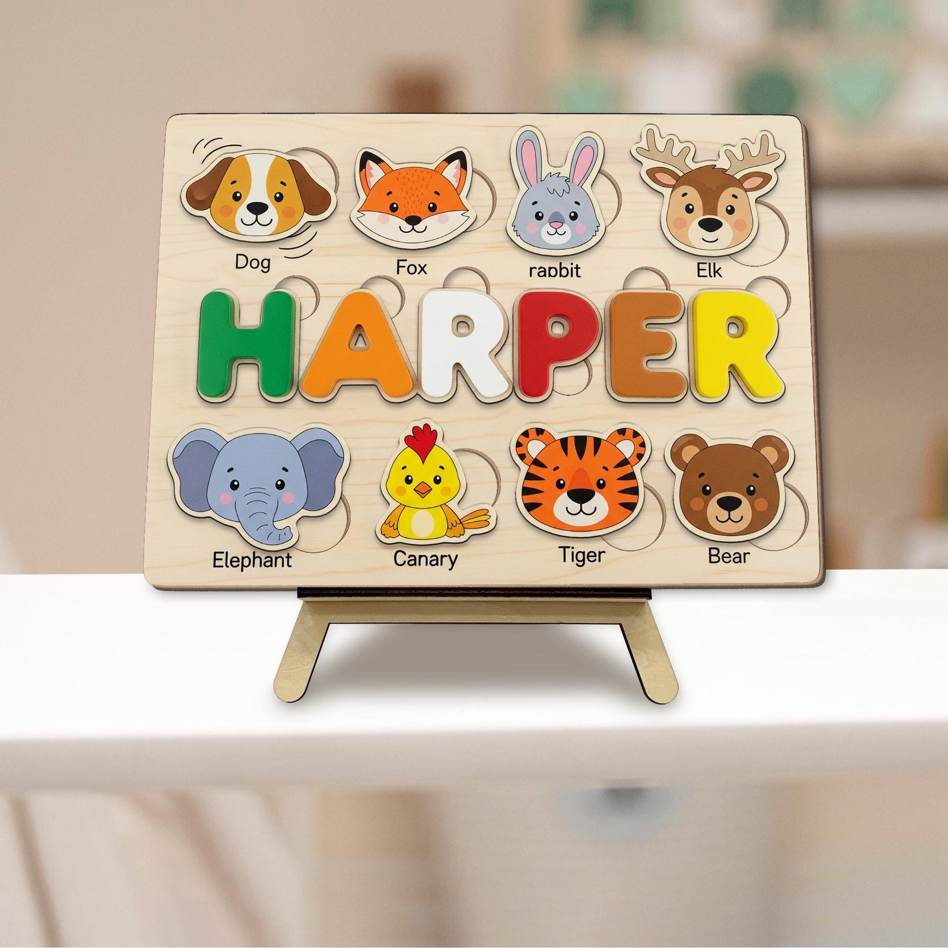 Personalized Animal Wooden Puzzle for Kids, Custom Name Montessori Toy, Toddler Learning Gift, Educational Wooden Animal Puzzle