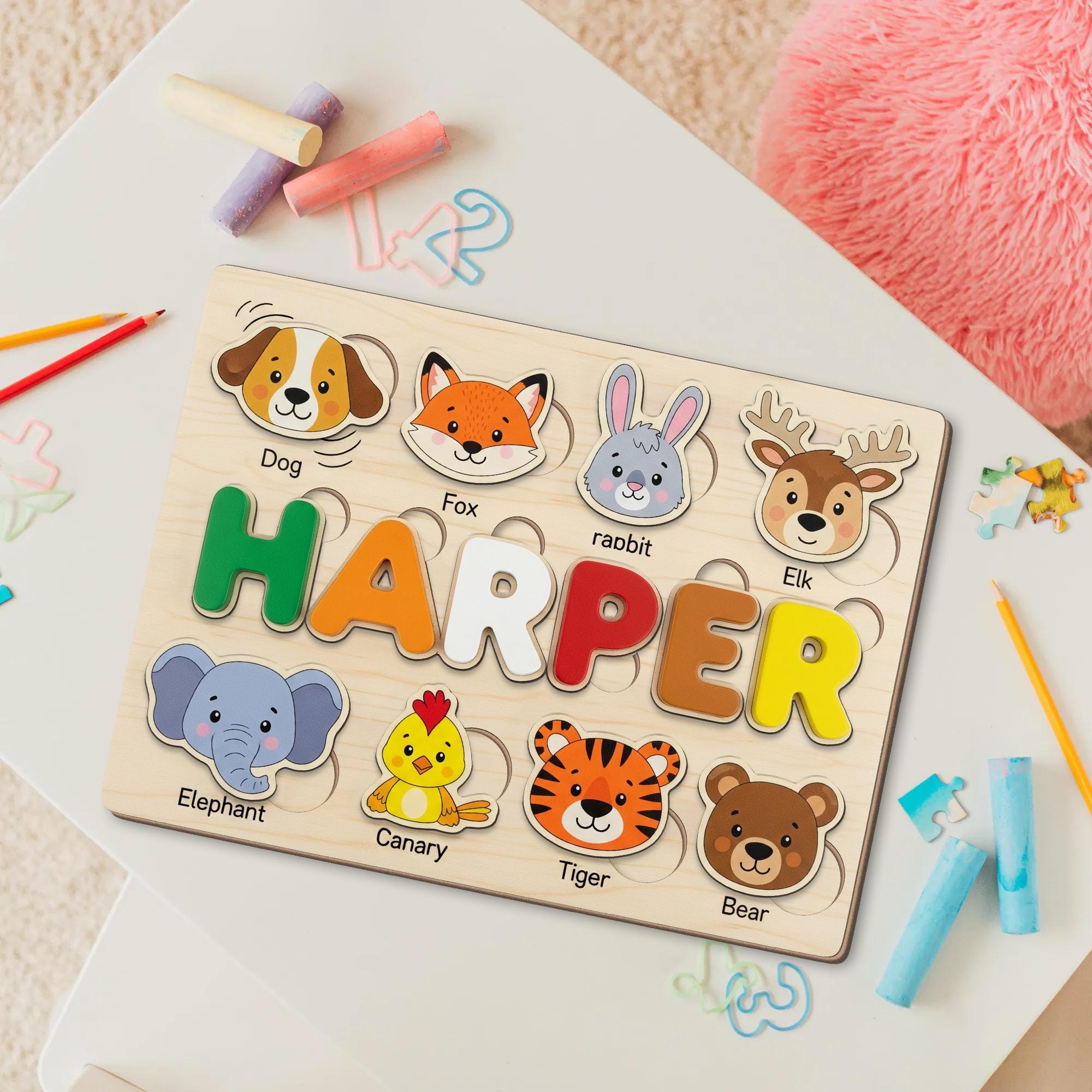 Personalized Animal Wooden Puzzle for Kids, Custom Name Montessori Toy, Toddler Learning Gift, Educational Wooden Animal Puzzle
