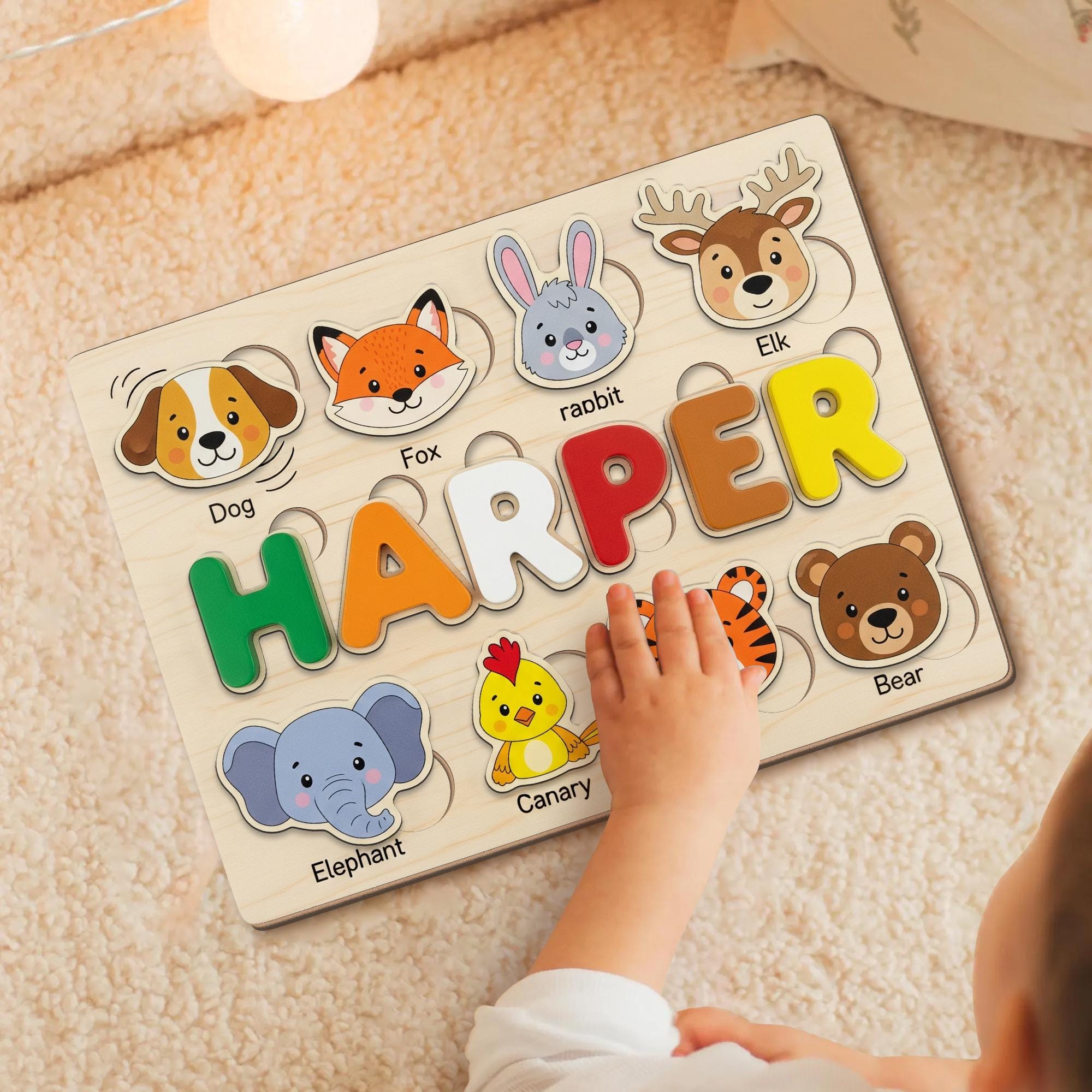 Personalized Animal Wooden Puzzle for Kids, Custom Name Montessori Toy, Toddler Learning Gift, Educational Wooden Animal Puzzle