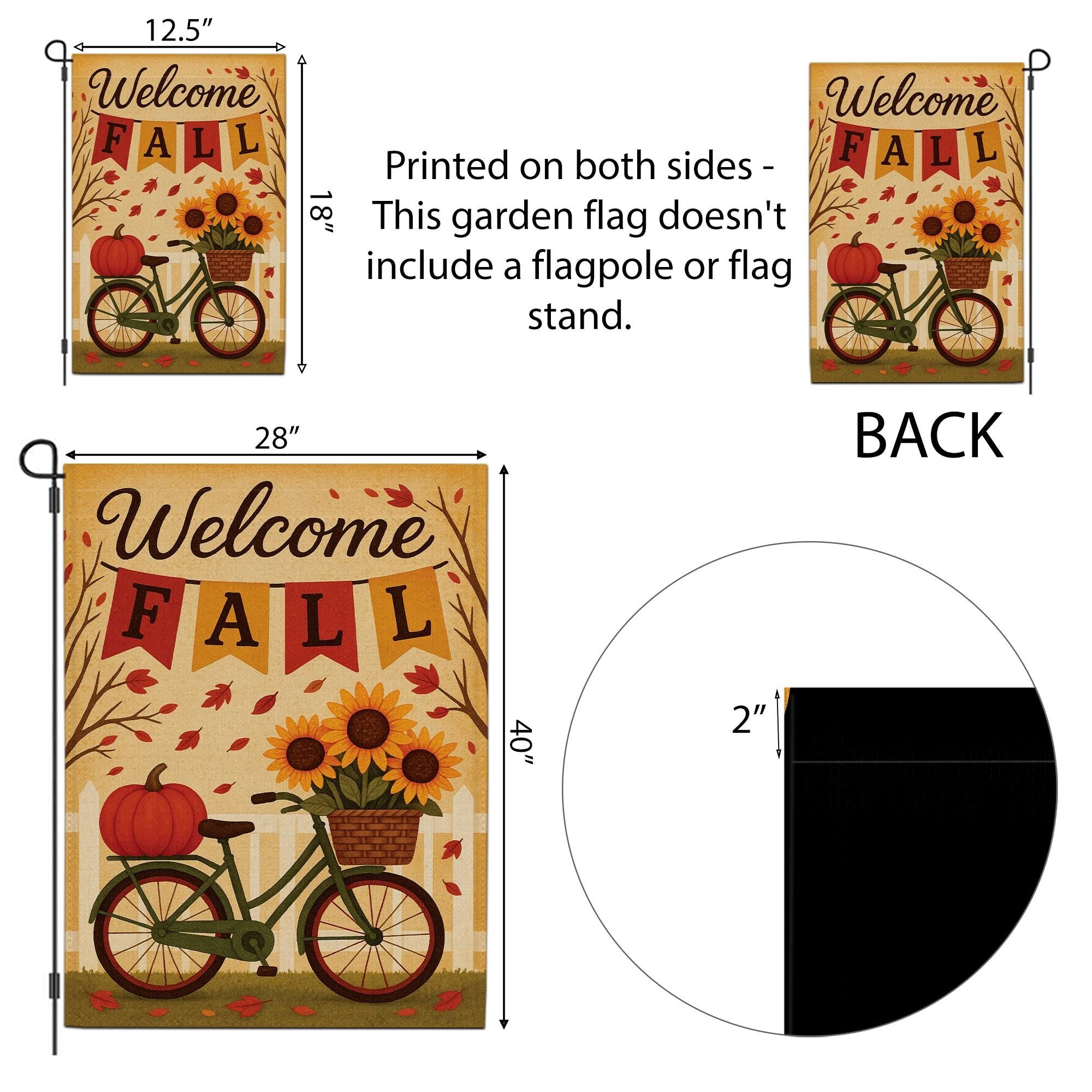 Welcome Fall Garden Flag, Autumn Outdoor Yard Decoration, Pumpkin Sunflower Bicycle Flag, Double Sided Seasonal Burlap Banner