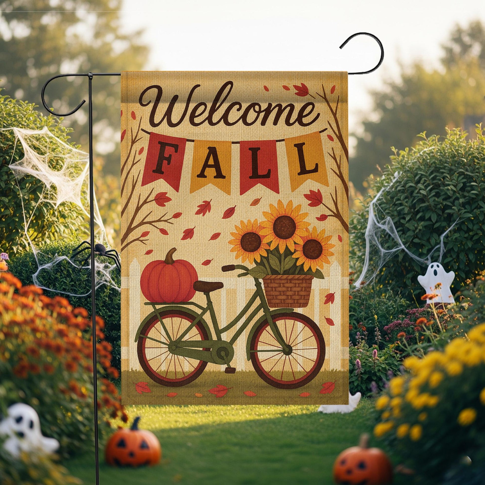 Welcome Fall Garden Flag, Autumn Outdoor Yard Decoration, Pumpkin Sunflower Bicycle Flag, Double Sided Seasonal Burlap Banner