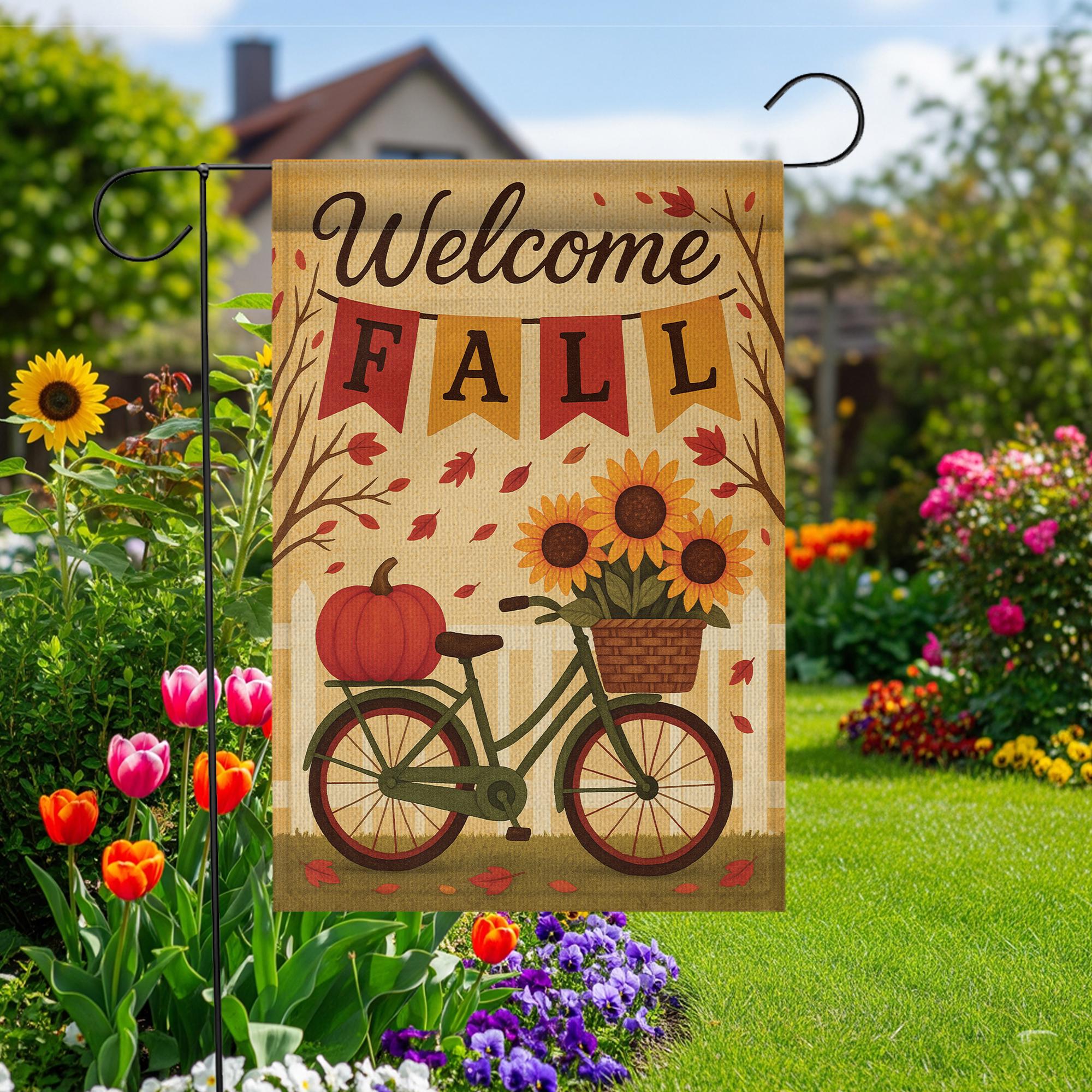 Welcome Fall Garden Flag, Autumn Outdoor Yard Decoration, Pumpkin Sunflower Bicycle Flag, Double Sided Seasonal Burlap Banner