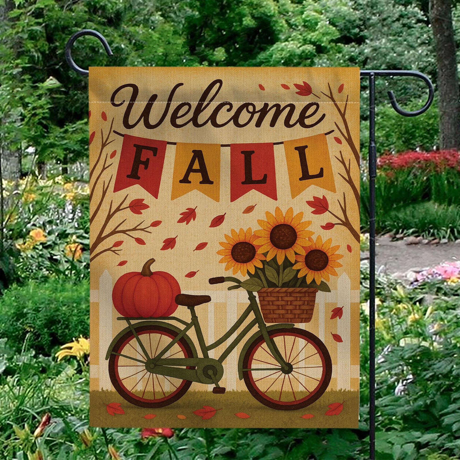 Welcome Fall Garden Flag, Autumn Outdoor Yard Decoration, Pumpkin Sunflower Bicycle Flag, Double Sided Seasonal Burlap Banner