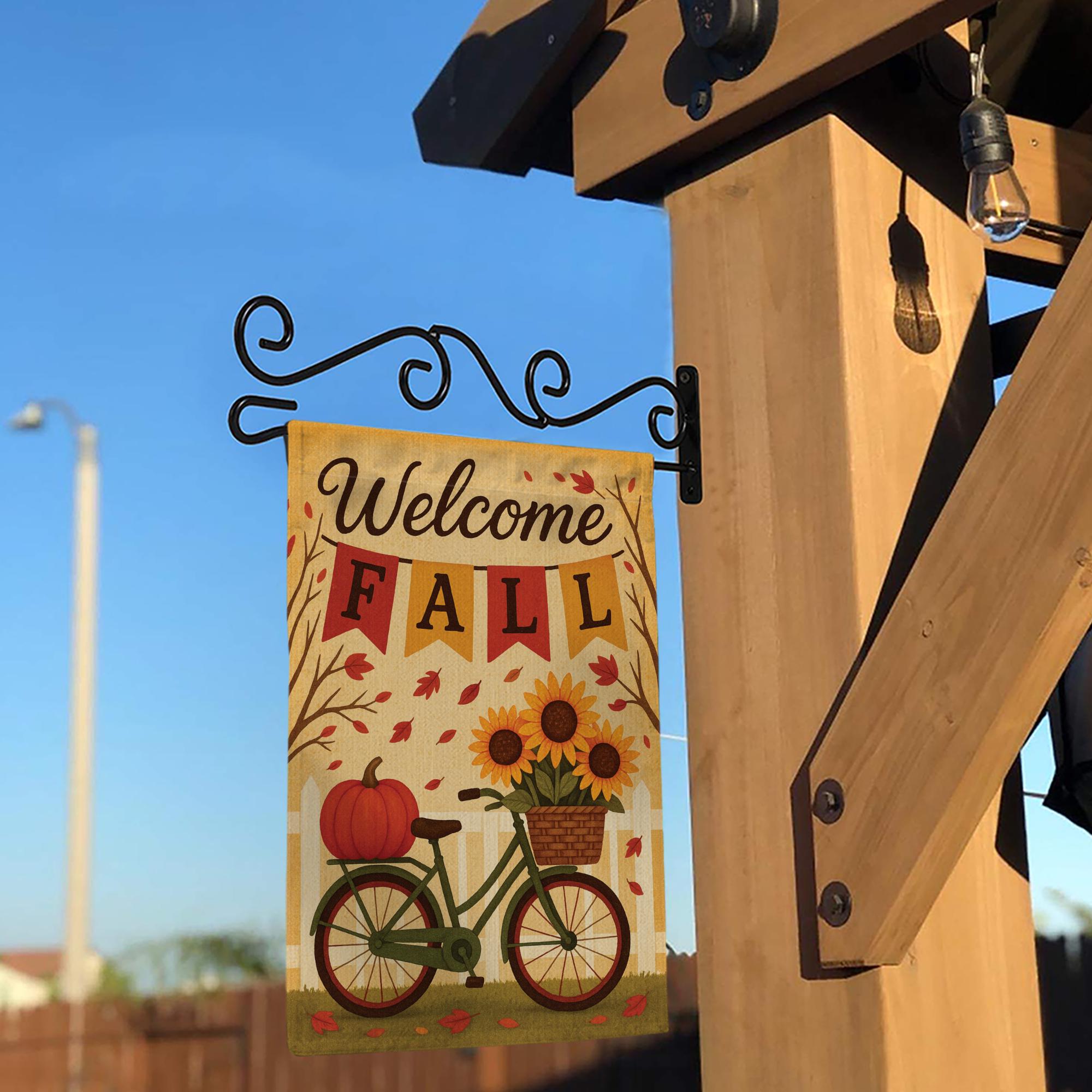 Welcome Fall Garden Flag, Autumn Outdoor Yard Decoration, Pumpkin Sunflower Bicycle Flag, Double Sided Seasonal Burlap Banner