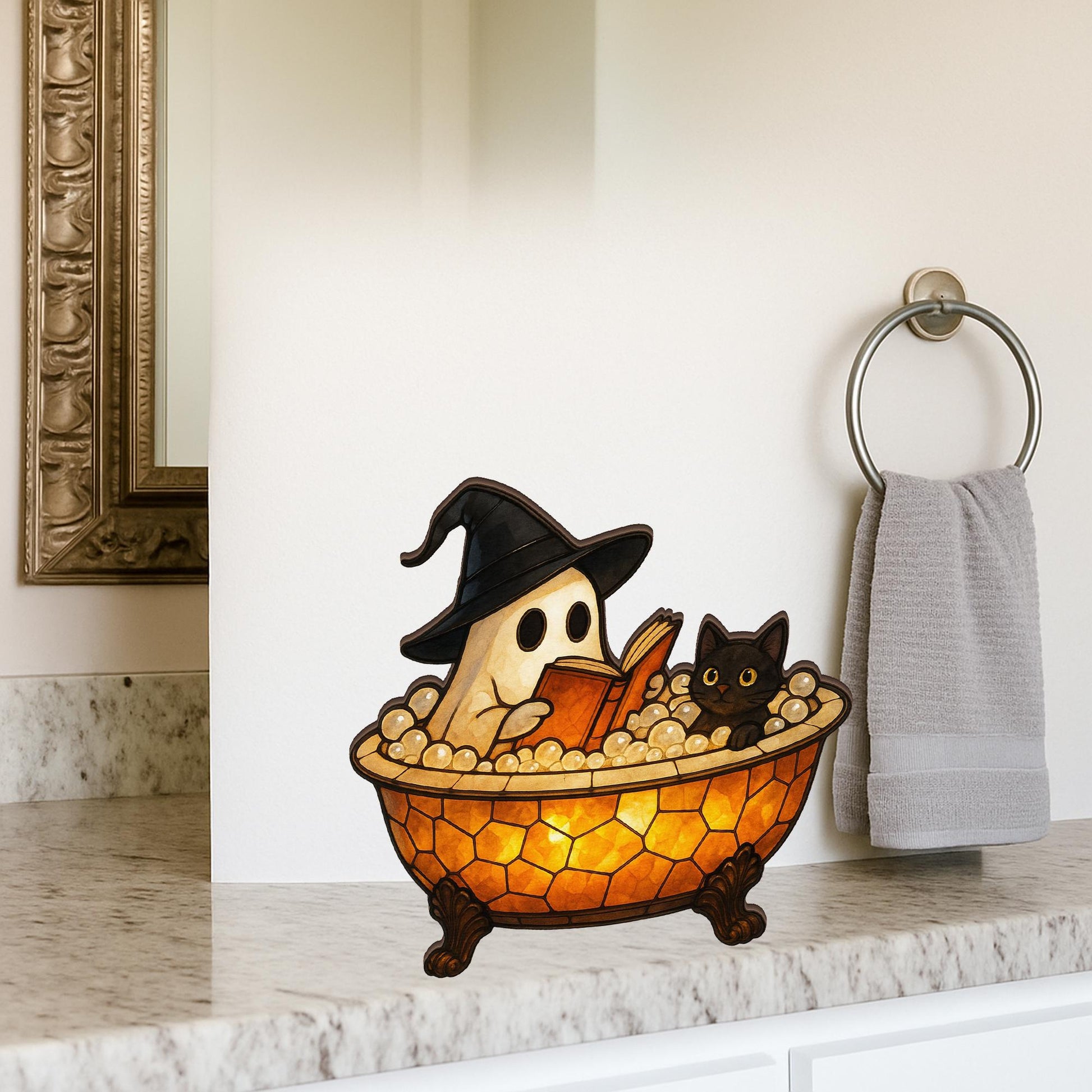 Halloween Ghost Wooden Block Decor - Cute Witch Cat Sign, Spooky bathroom Decoration, Funny Halloween sign, Rustic Halloween