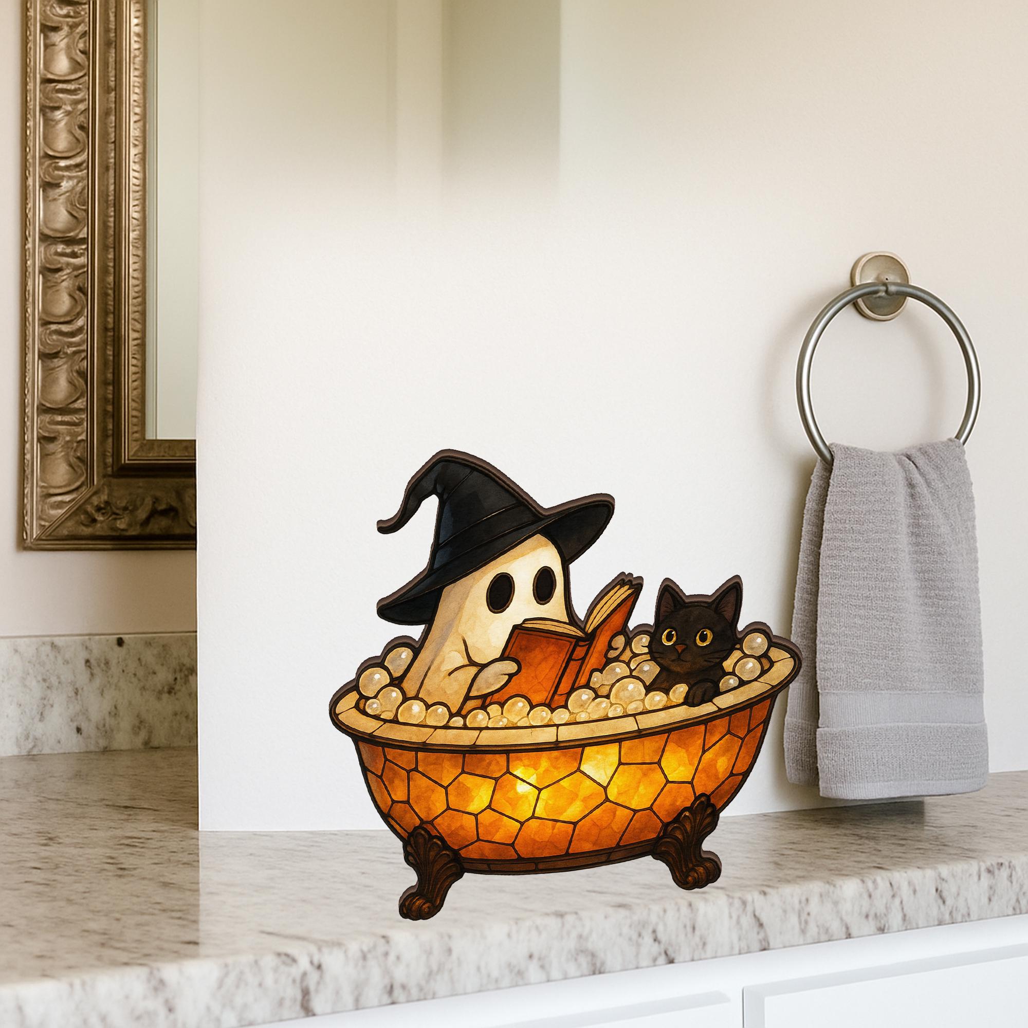 Halloween Ghost Wooden Block Decor - Cute Witch Cat Sign, Spooky bathroom Decoration, Funny Halloween sign, Rustic Halloween