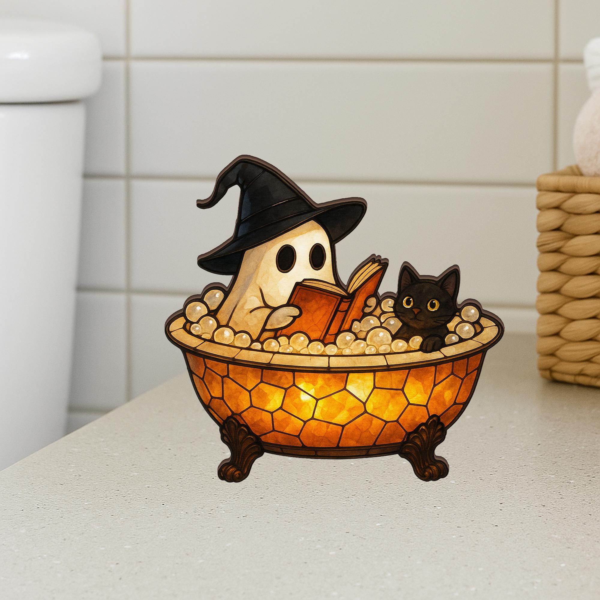 Halloween Ghost Wooden Block Decor - Cute Witch Cat Sign, Spooky bathroom Decoration, Funny Halloween sign, Rustic Halloween