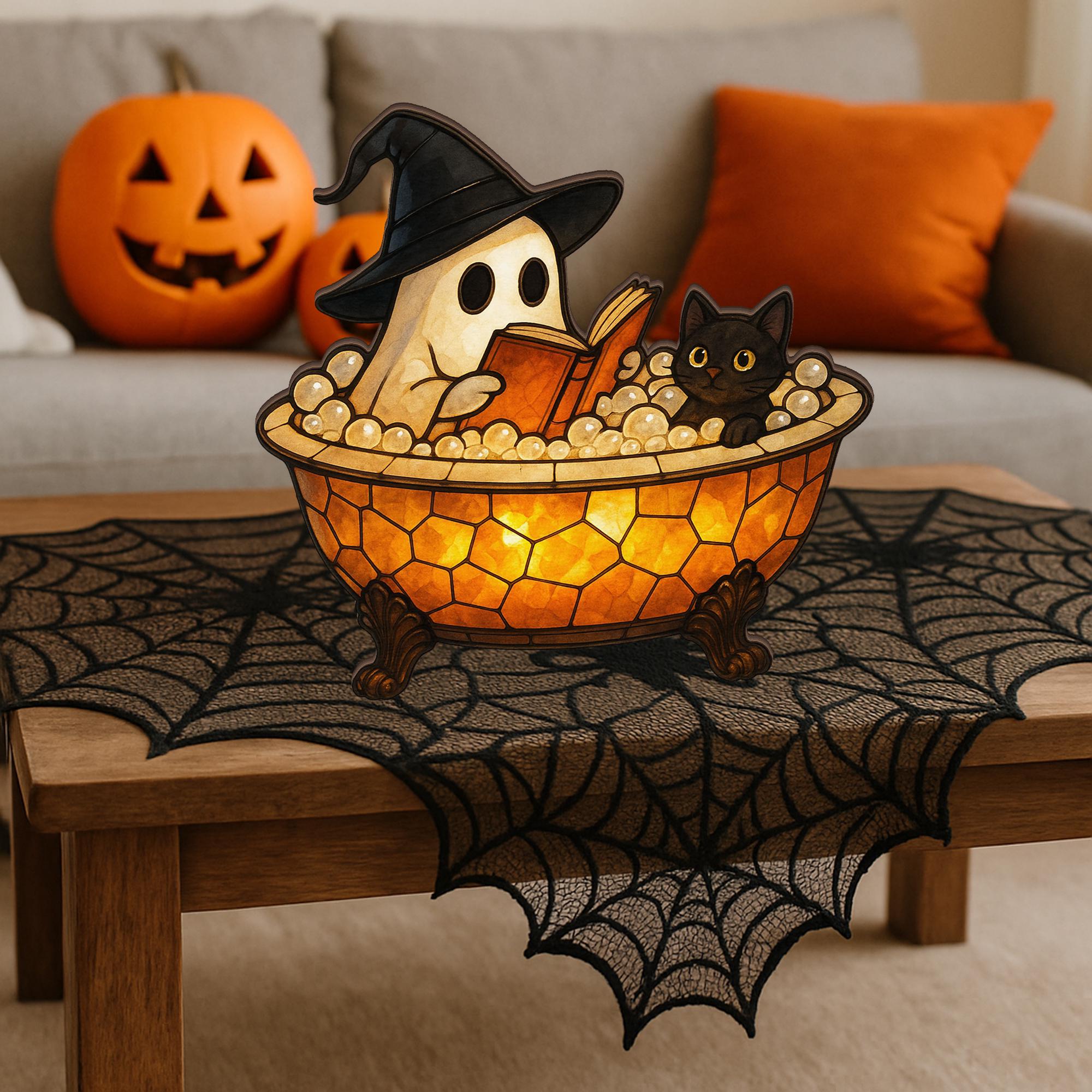 Halloween Ghost Wooden Block Decor - Cute Witch Cat Sign, Spooky bathroom Decoration, Funny Halloween sign, Rustic Halloween