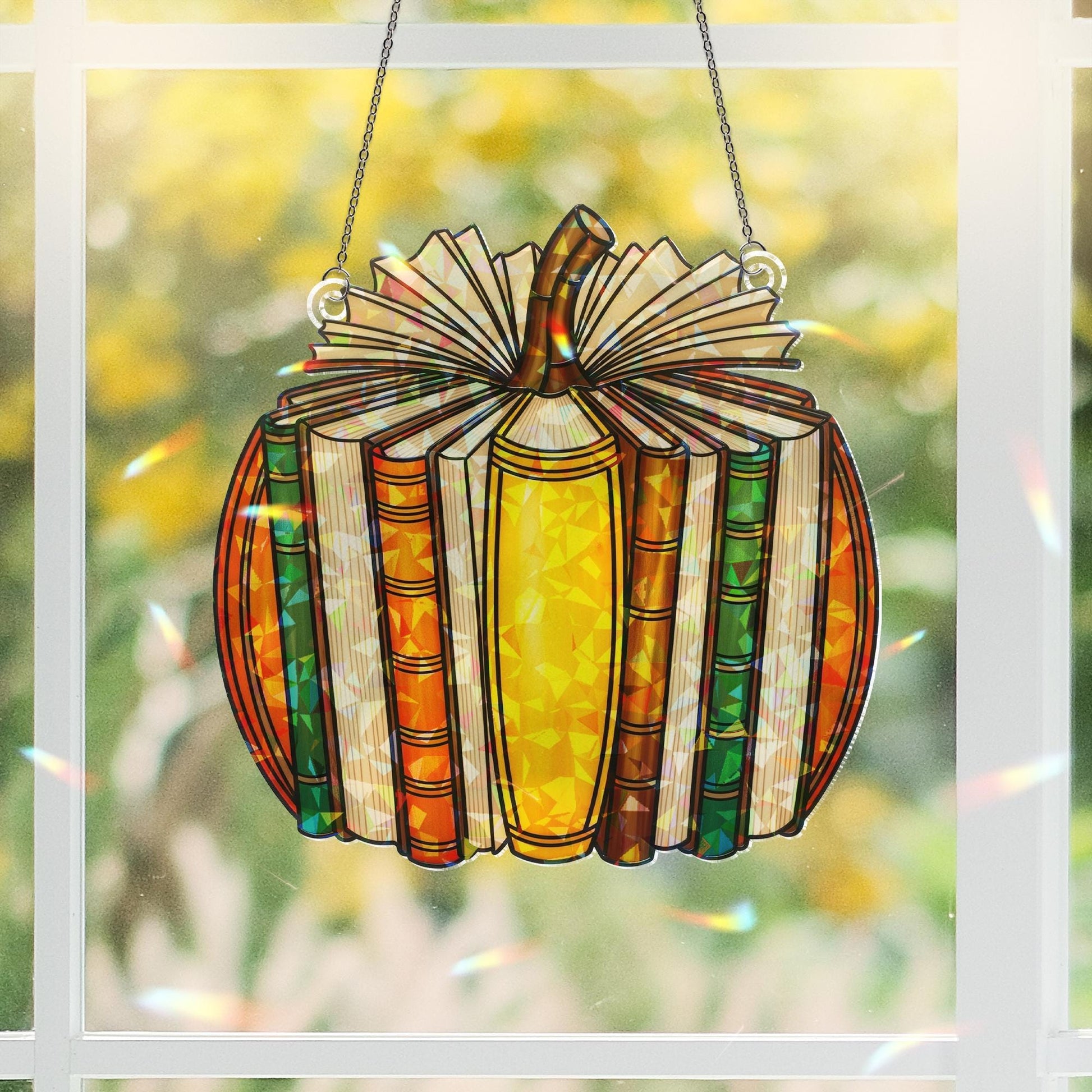 Pumpkin Book Suncatcher - Holographic Acrylic Window Hanging, Fall Reading Decor, Book Lover Gift, Autumn Pumpkin Window Art