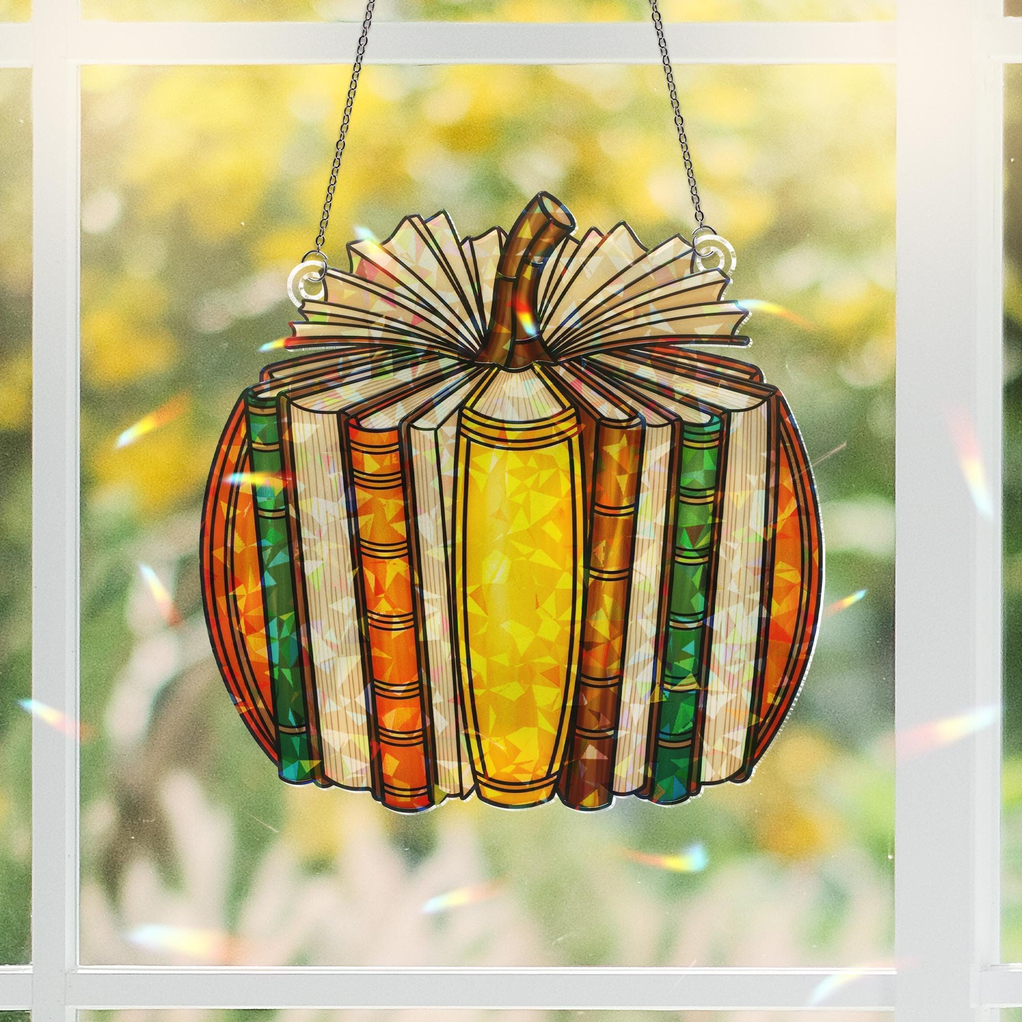 Pumpkin Book Suncatcher - Holographic Acrylic Window Hanging, Fall Reading Decor, Book Lover Gift, Autumn Pumpkin Window Art