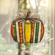 Pumpkin Book Suncatcher - Holographic Acrylic Window Hanging, Fall Reading Decor, Book Lover Gift, Autumn Pumpkin Window Art