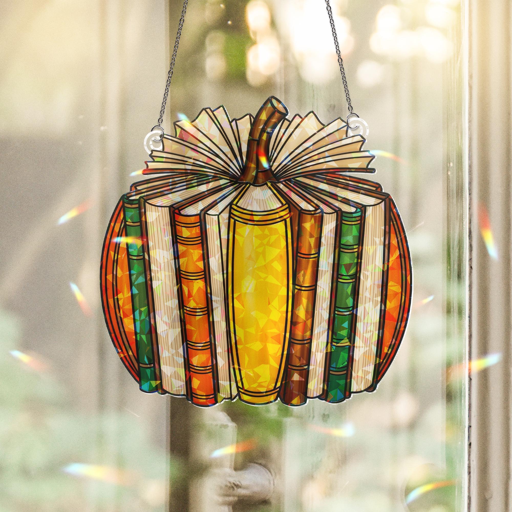 Pumpkin Book Suncatcher - Holographic Acrylic Window Hanging, Fall Reading Decor, Book Lover Gift, Autumn Pumpkin Window Art