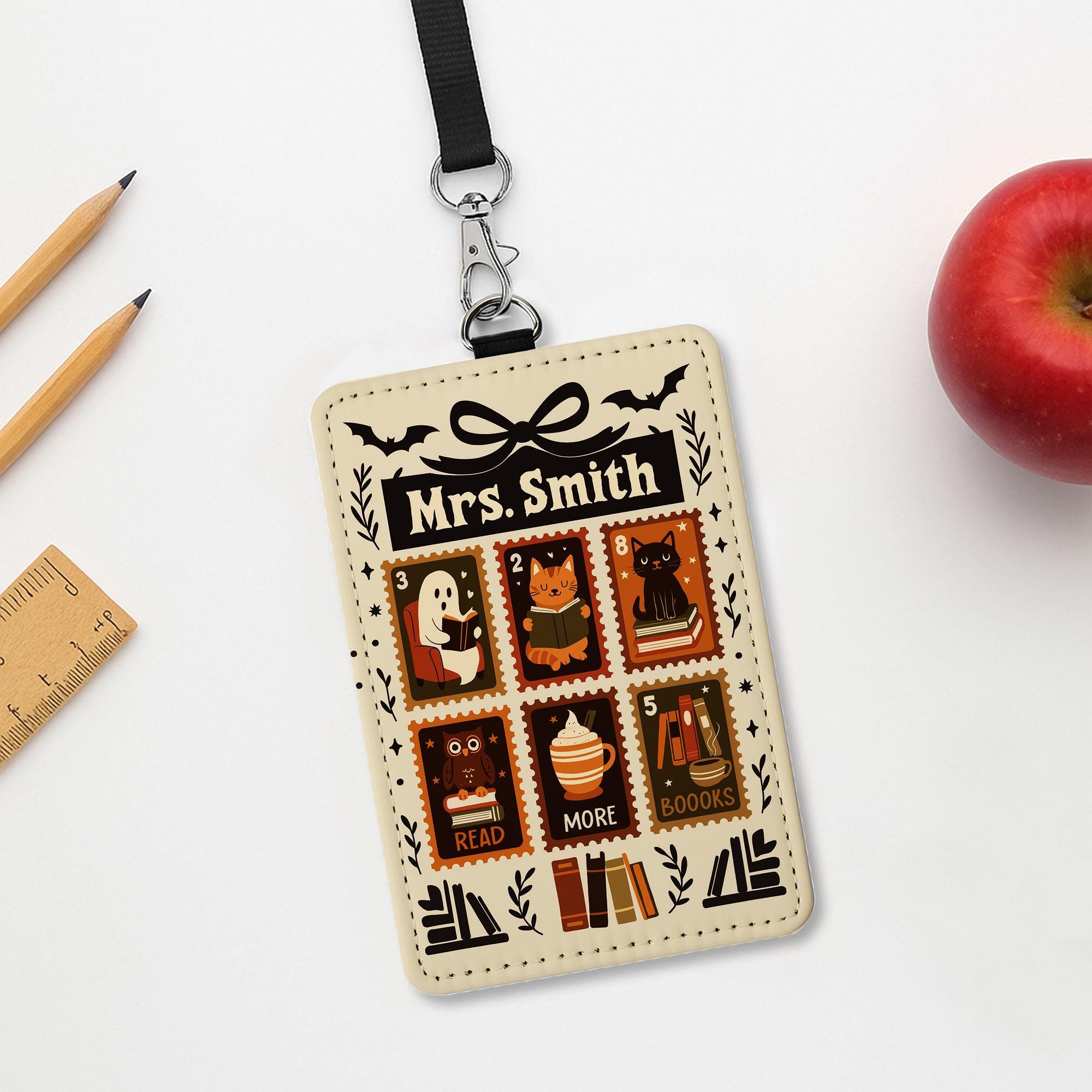 Custom Halloween Badge Holder - Personalized ID Card Holder for Teachers, Librarians, Book Lovers, Cute Spooky Reading Gift