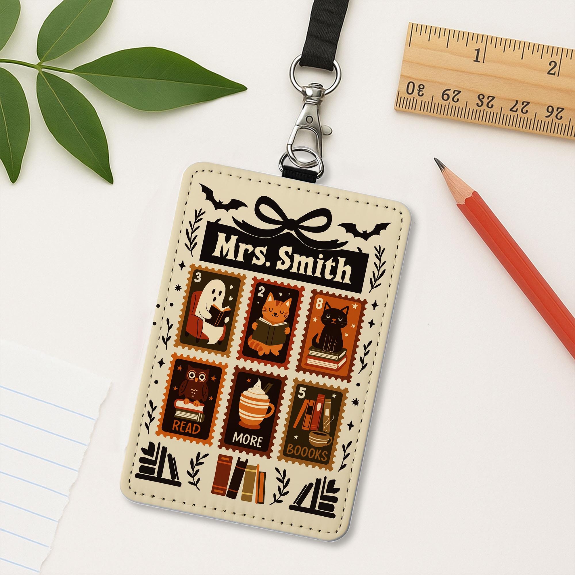 Custom Halloween Badge Holder - Personalized ID Card Holder for Teachers, Librarians, Book Lovers, Cute Spooky Reading Gift