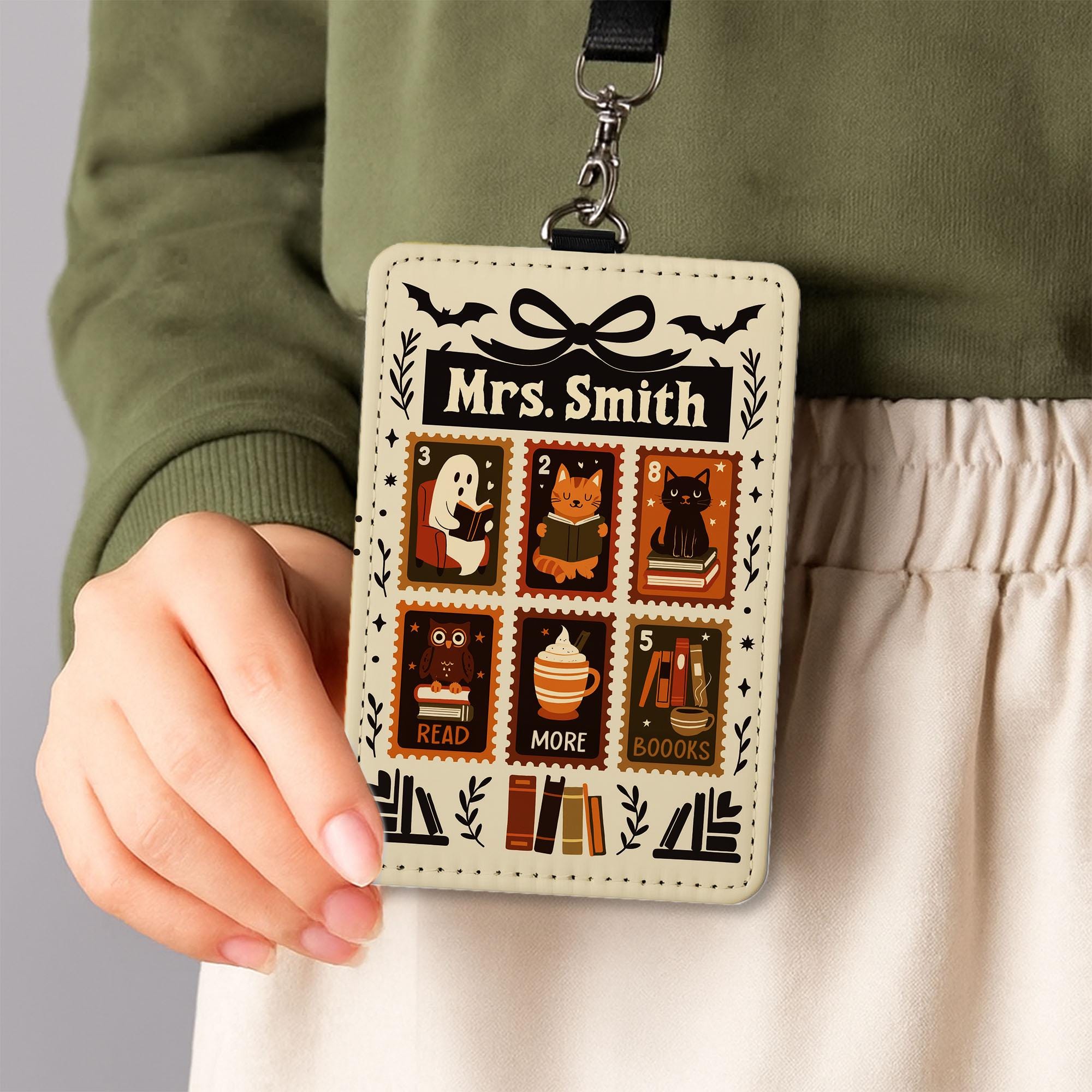 Custom Halloween Badge Holder - Personalized ID Card Holder for Teachers, Librarians, Book Lovers, Cute Spooky Reading Gift