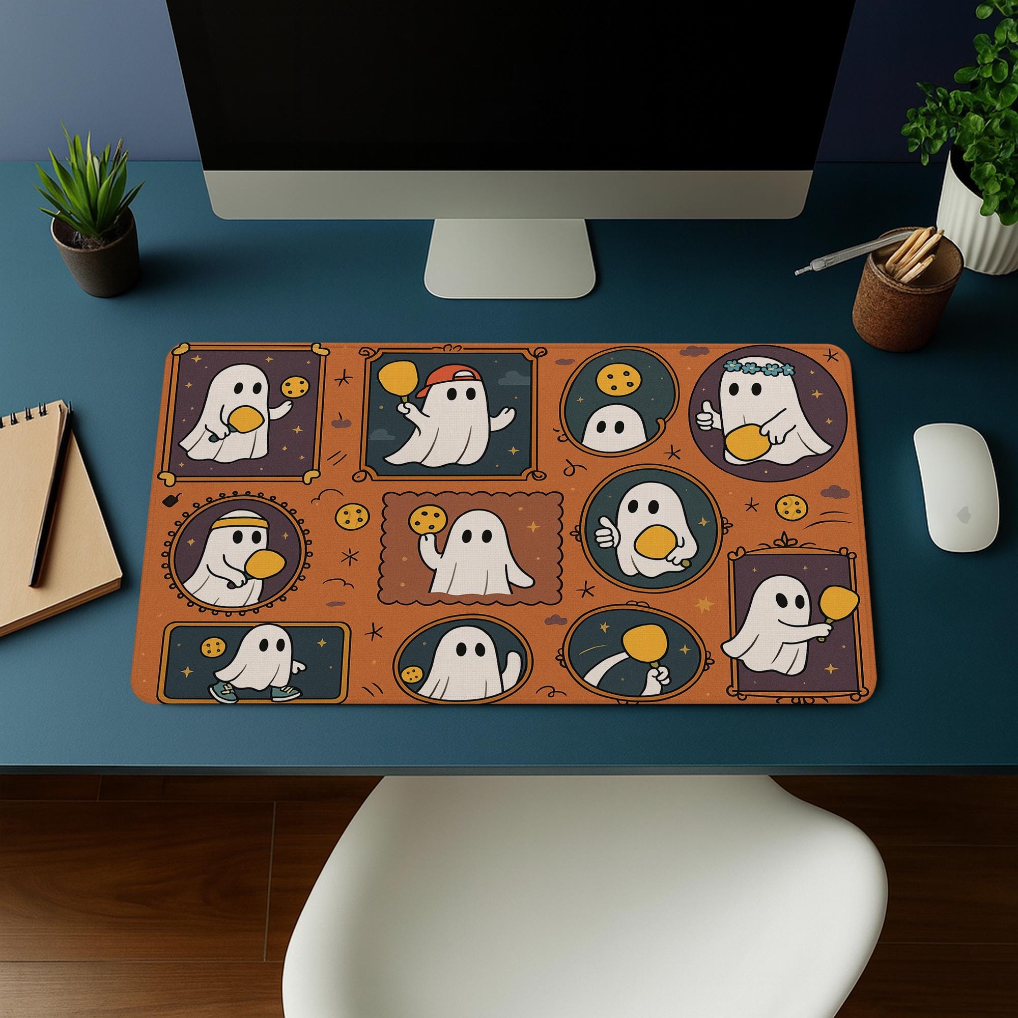 Halloween Pickleball Mouse Pad - Cute Ghost Desk Mat, Spooky Office Decor, Pickleball Player Gift, Gaming Pad for Work or Home