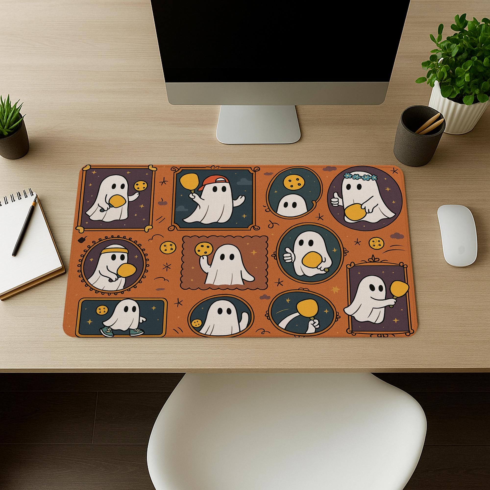 Halloween Pickleball Mouse Pad - Cute Ghost Desk Mat, Spooky Office Decor, Pickleball Player Gift, Gaming Pad for Work or Home