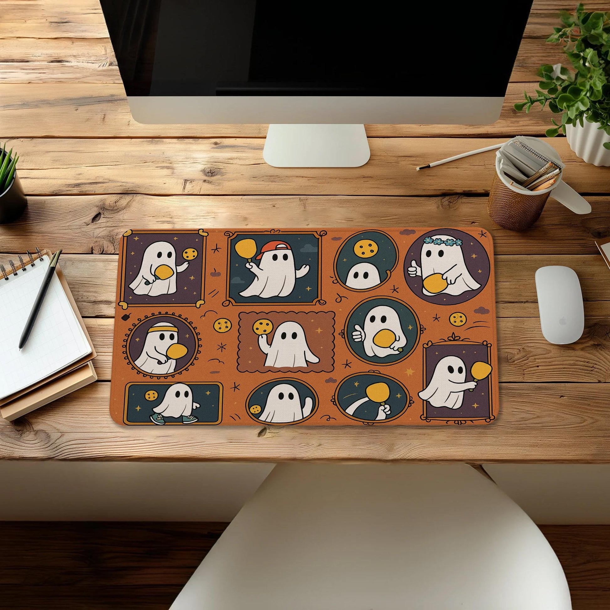 Halloween Pickleball Mouse Pad - Cute Ghost Desk Mat, Spooky Office Decor, Pickleball Player Gift, Gaming Pad for Work or Home