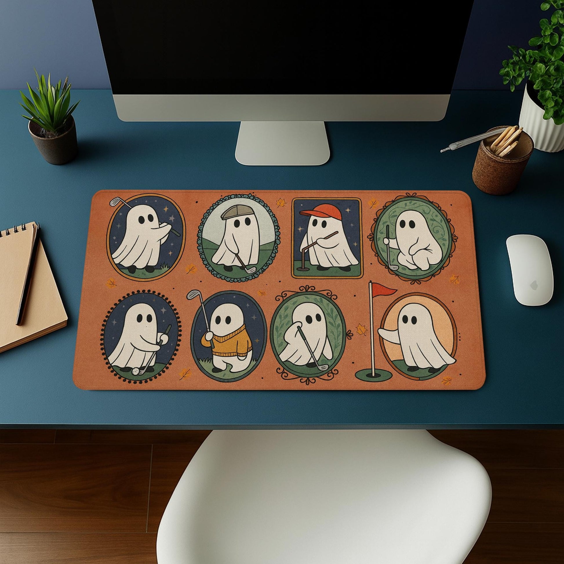 Halloween Golf Mouse Pad - Funny Ghost Desk Mat, Spooky Office Decor, Golf Lover Gift, Large Gaming Pad for Work or Home
