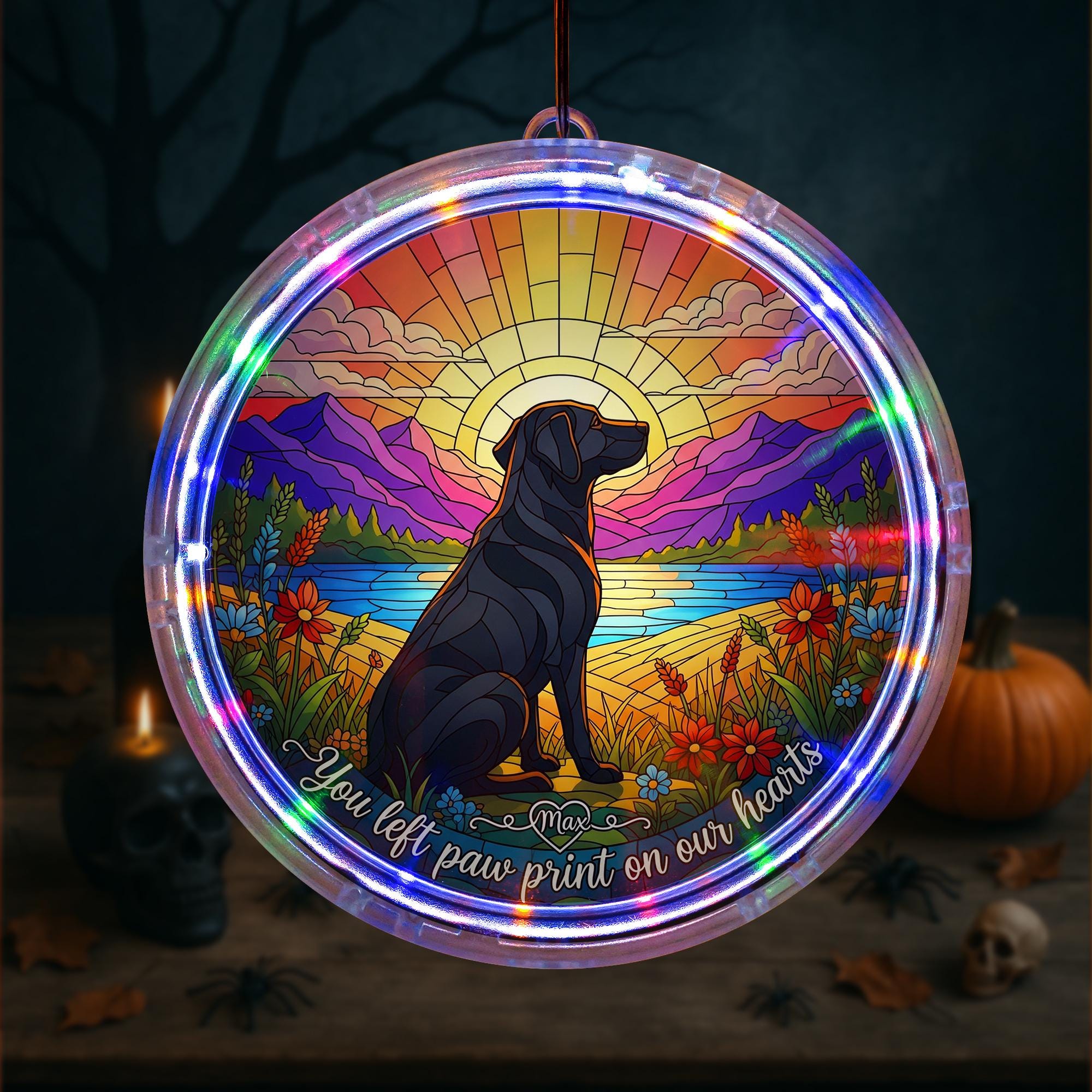 Personalized Pet Memorial LED Hanging Sun Catcher – Dog Loss Gift, Rainbow Bridge Ornament, Custom Pet Name Keepsake Decoration