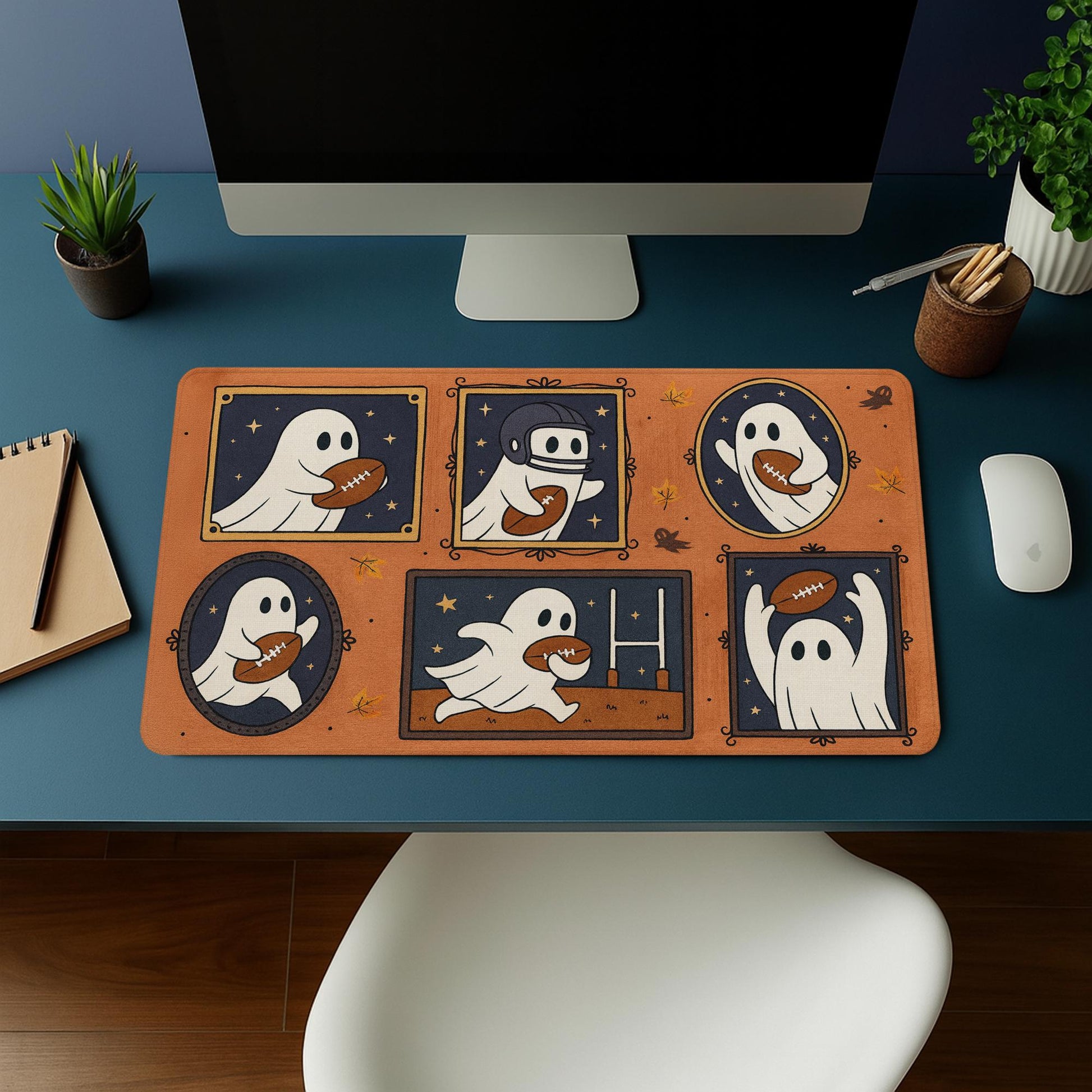 Halloween Rugby Mouse Pad - Funny Ghost Desk Mat, Spooky Office Decor, Rugby Lover Gift, Large Gaming Pad for Work or Home