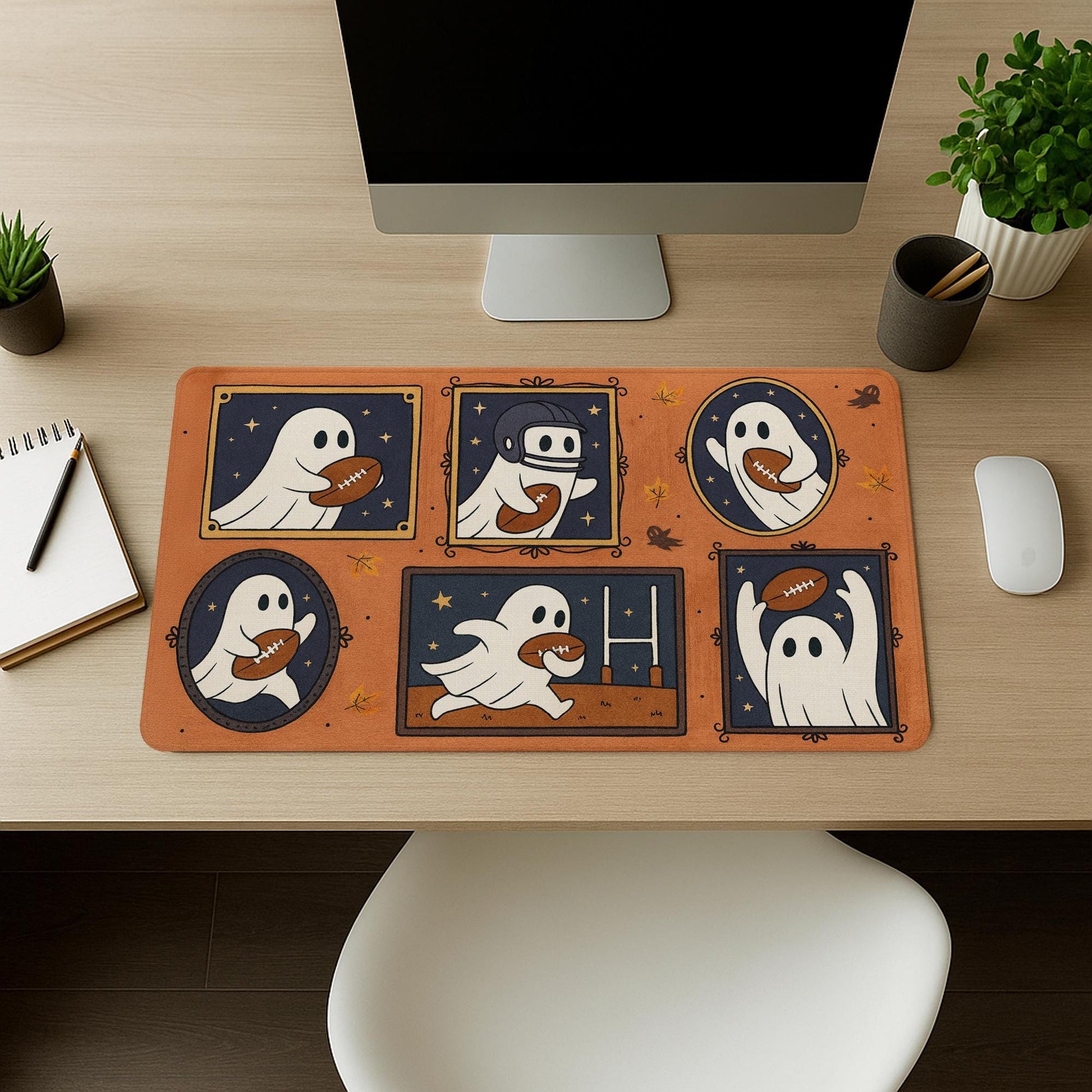 Halloween Rugby Mouse Pad - Funny Ghost Desk Mat, Spooky Office Decor, Rugby Lover Gift, Large Gaming Pad for Work or Home