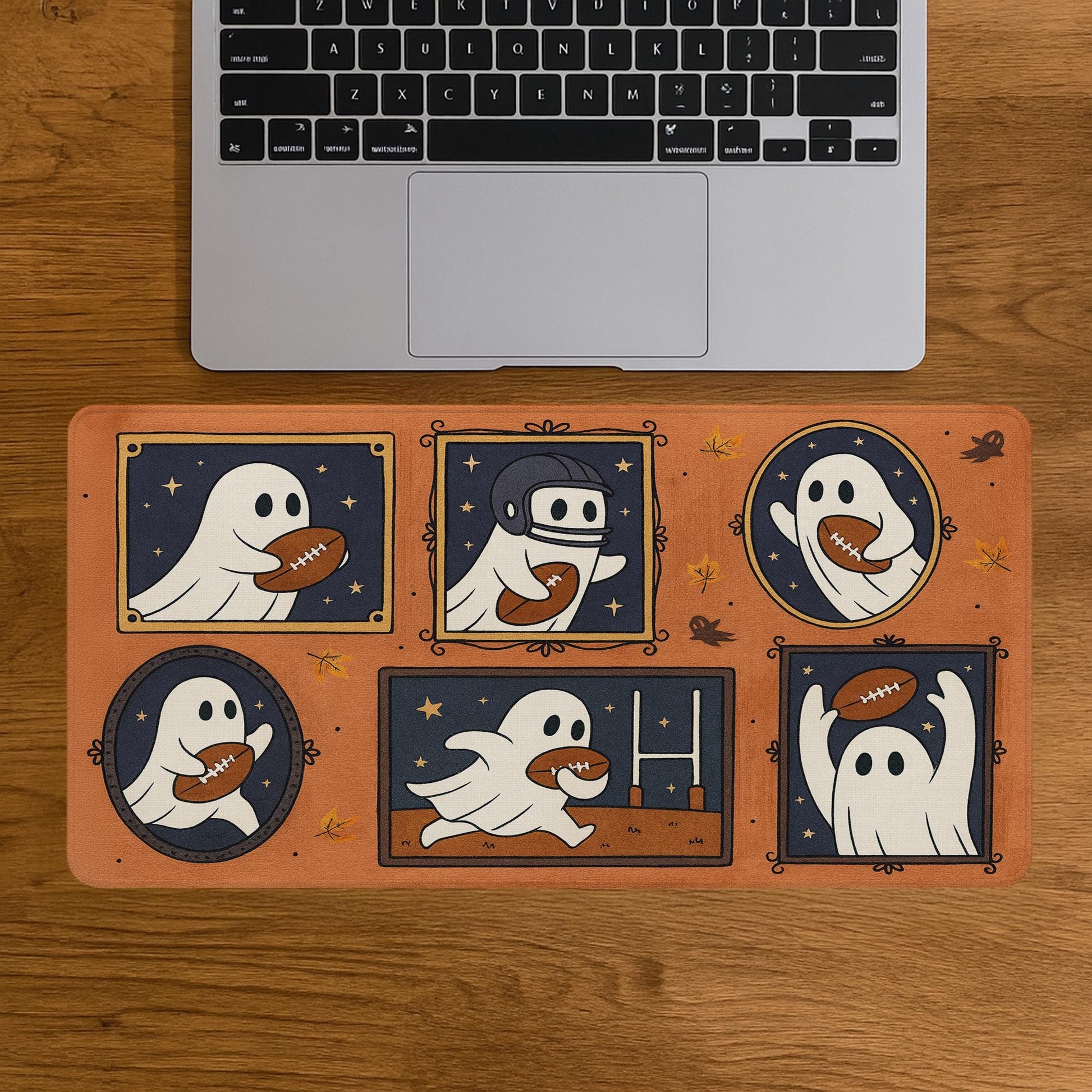 Halloween Rugby Mouse Pad - Funny Ghost Desk Mat, Spooky Office Decor, Rugby Lover Gift, Large Gaming Pad for Work or Home