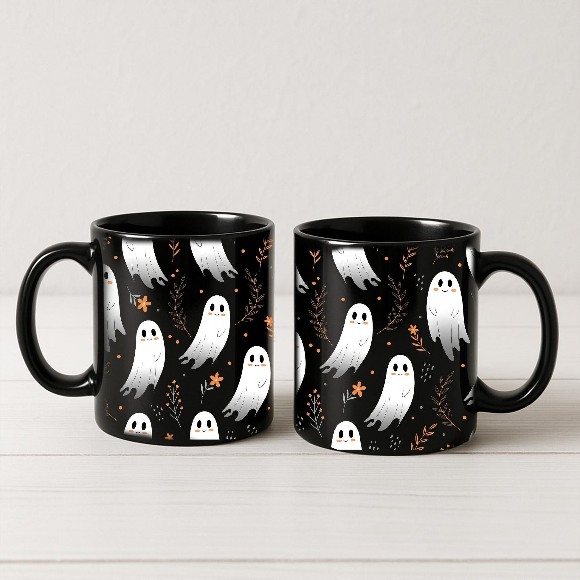 Cute Ghost Mug – Halloween Coffee Cup, Spooky Fall Tea Mug, Black Ceramic Ghosts Mug, Autumn Hot Cocoa Cup, Halloween Gift Idea