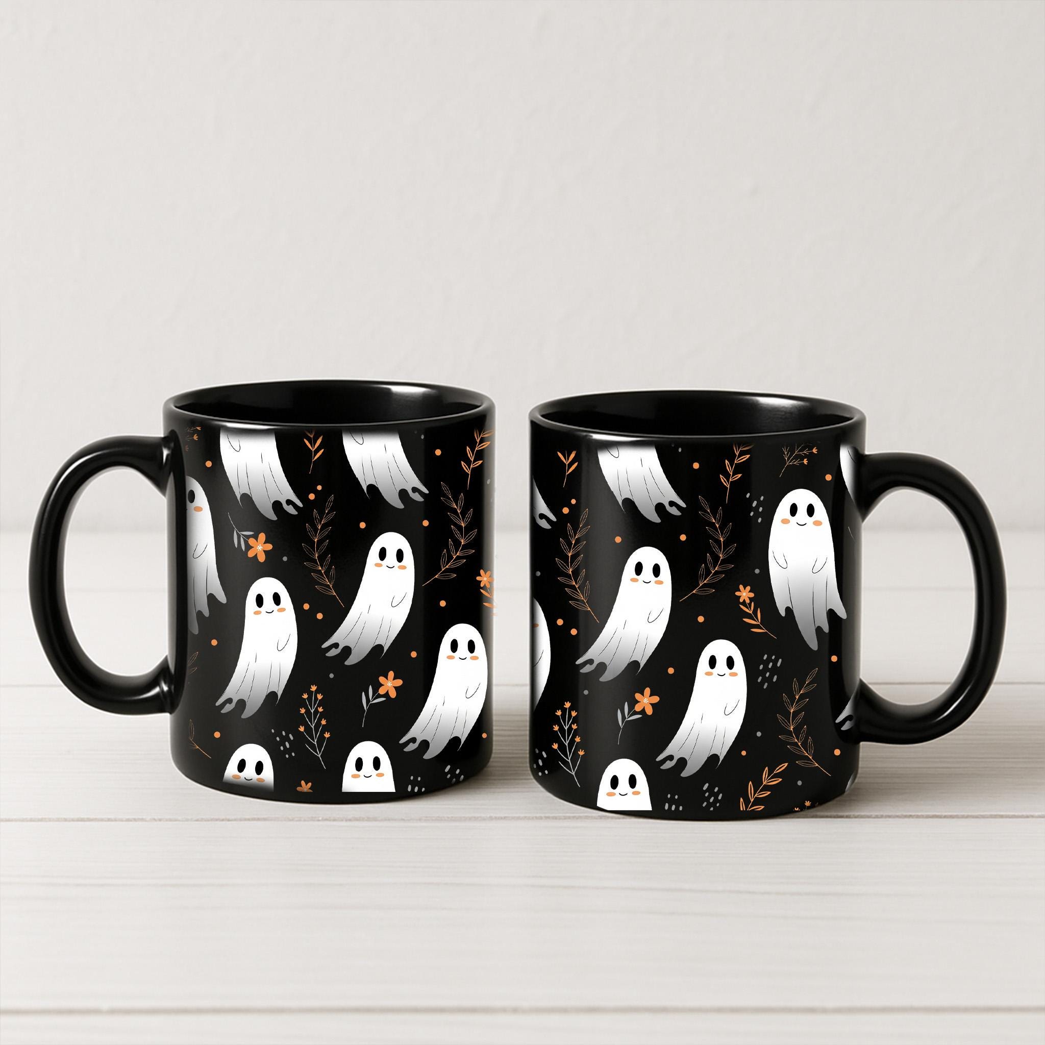 Cute Ghost Mug – Halloween Coffee Cup, Spooky Fall Tea Mug, Black Ceramic Ghosts Mug, Autumn Hot Cocoa Cup, Halloween Gift Idea