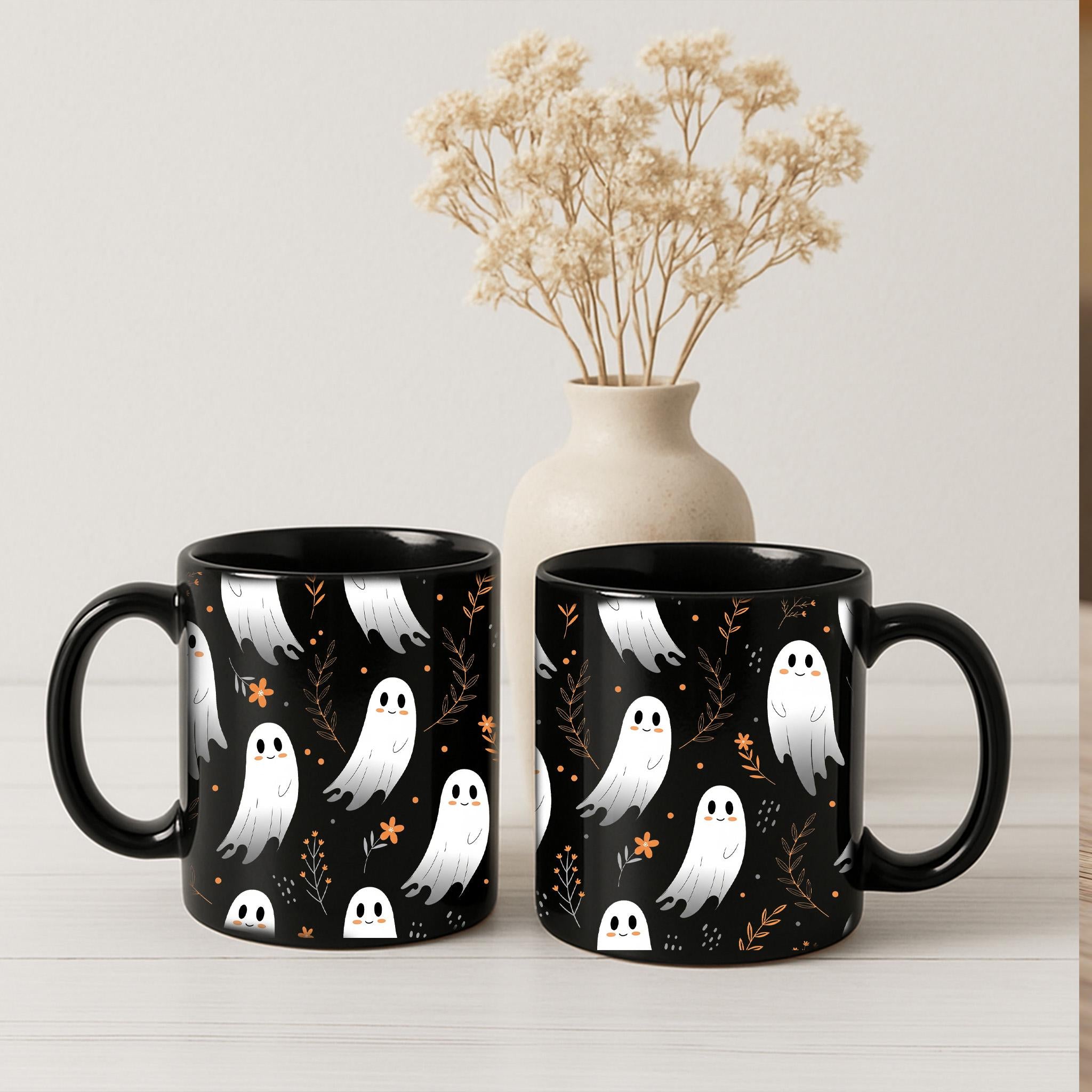 Cute Ghost Mug – Halloween Coffee Cup, Spooky Fall Tea Mug, Black Ceramic Ghosts Mug, Autumn Hot Cocoa Cup, Halloween Gift Idea