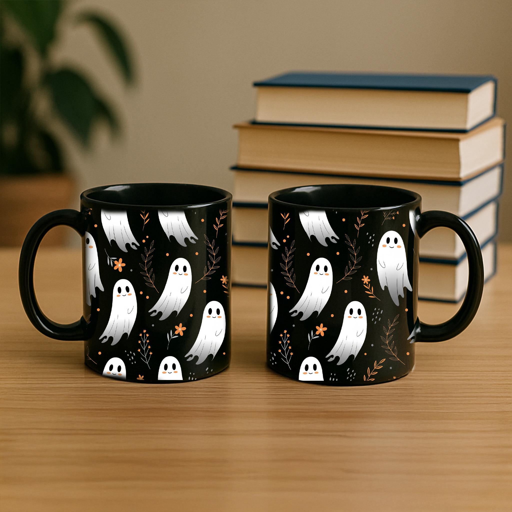 Cute Ghost Mug – Halloween Coffee Cup, Spooky Fall Tea Mug, Black Ceramic Ghosts Mug, Autumn Hot Cocoa Cup, Halloween Gift Idea