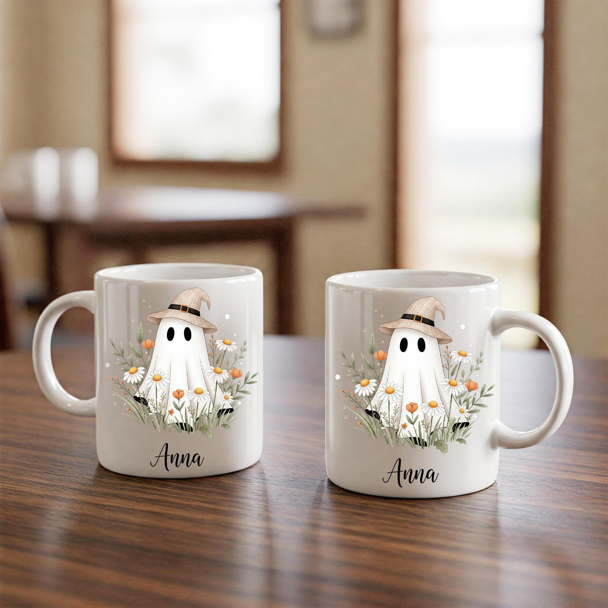 Personalized Ghost Mug – Custom Name Halloween Coffee Cup, Cute Witch Hat Ghost with Flowers, Spooky Season Fall Gift for Her