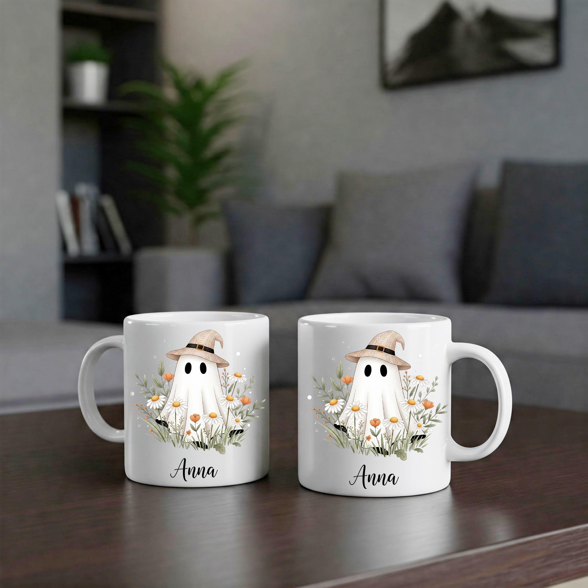 Personalized Ghost Mug – Custom Name Halloween Coffee Cup, Cute Witch Hat Ghost with Flowers, Spooky Season Fall Gift for Her