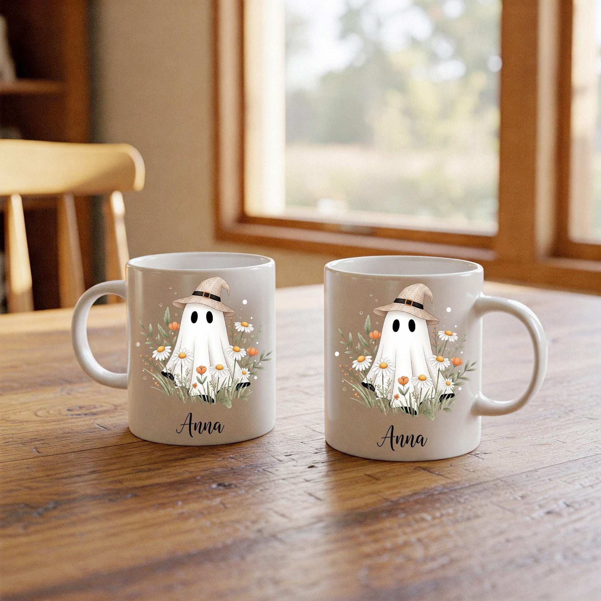 Personalized Ghost Mug – Custom Name Halloween Coffee Cup, Cute Witch Hat Ghost with Flowers, Spooky Season Fall Gift for Her