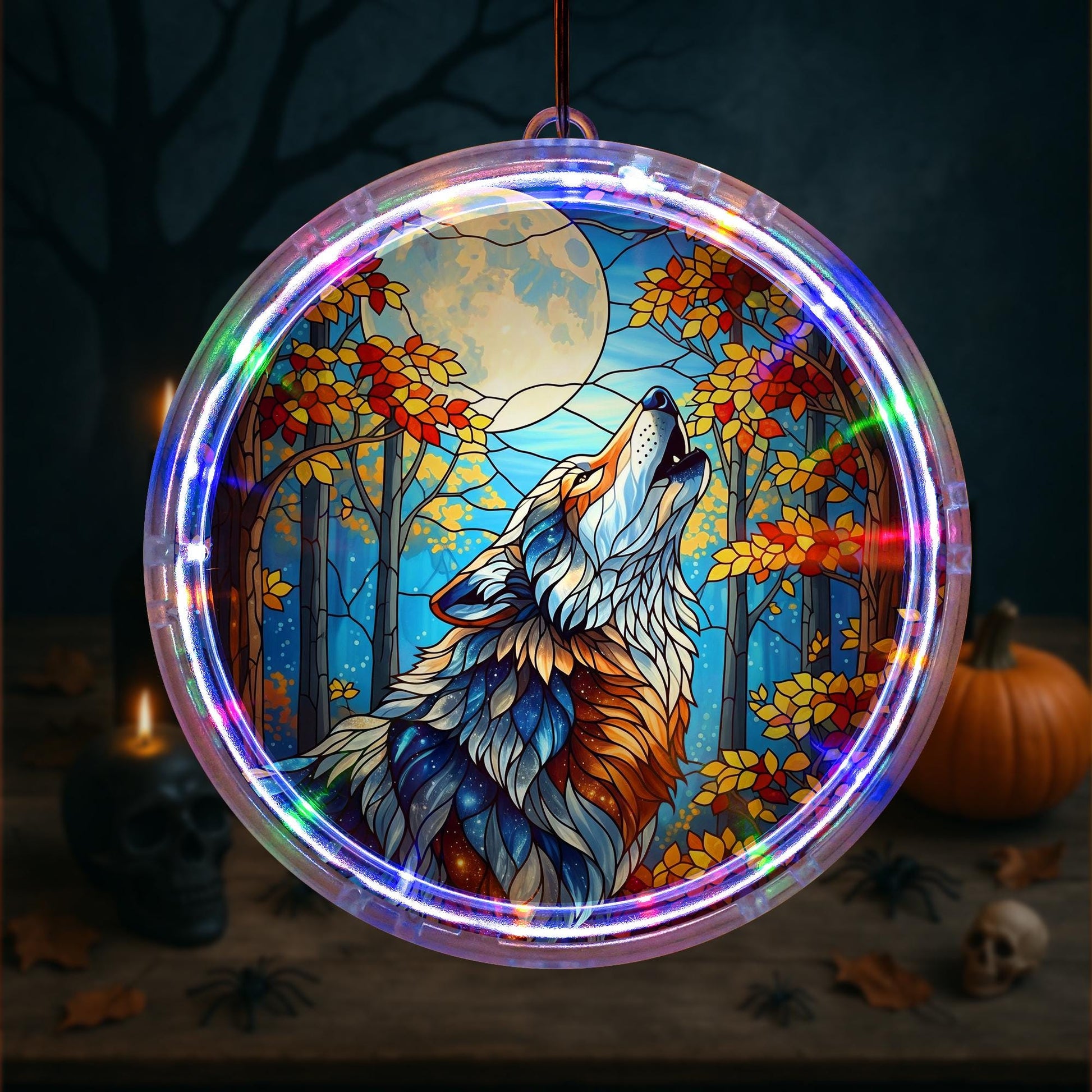 Wolf LED Hanging Sun Catcher – Stained Glass Style Lighted Window Decor, Moon and Forest Animal Wall Art, Nature Gift for Home