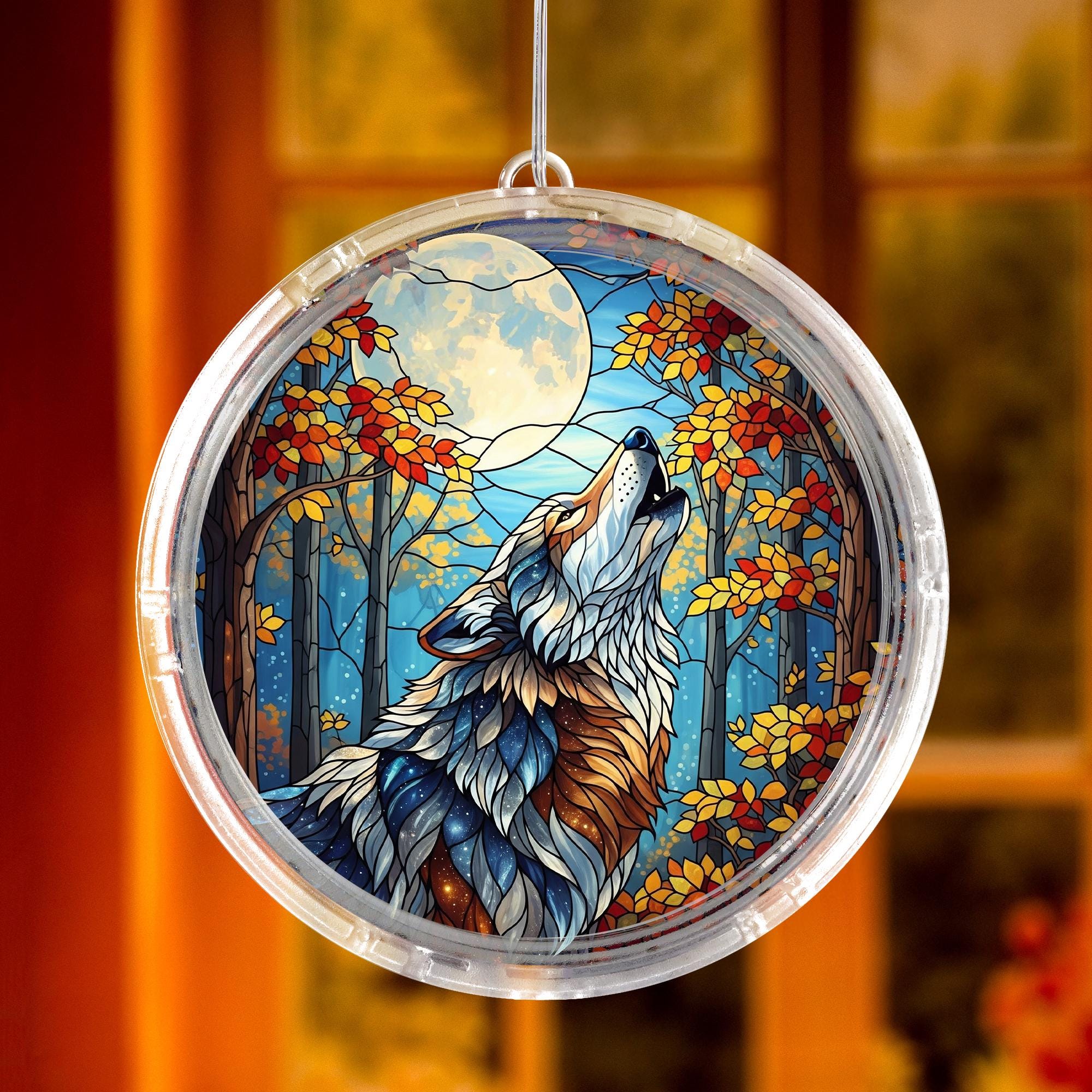 Wolf LED Hanging Sun Catcher – Stained Glass Style Lighted Window Decor, Moon and Forest Animal Wall Art, Nature Gift for Home