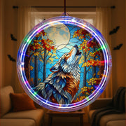 Wolf LED Hanging Sun Catcher – Stained Glass Style Lighted Window Decor, Moon and Forest Animal Wall Art, Nature Gift for Home